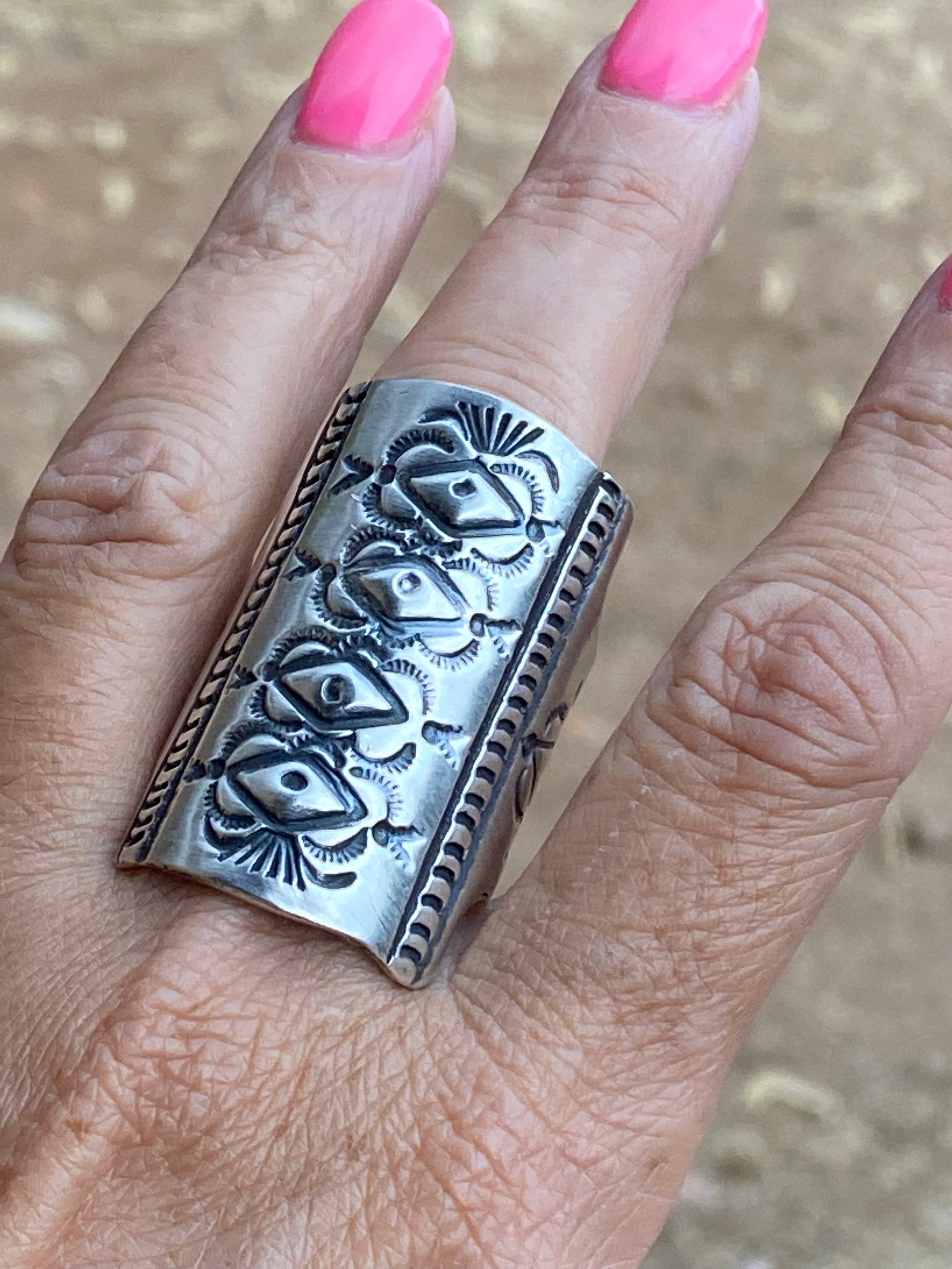 Handcrafted Marcella James Sterling Silver Concho Hand Stamped Ring
