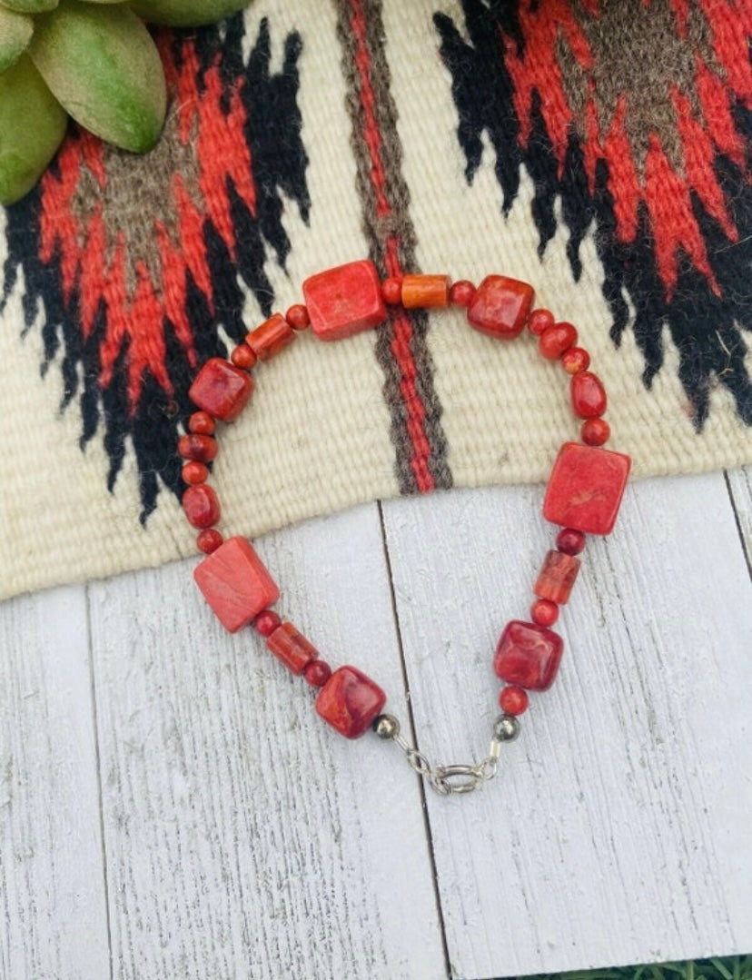 Handcrafted Apple Coral & Sterling Silver Beaded Bracelet