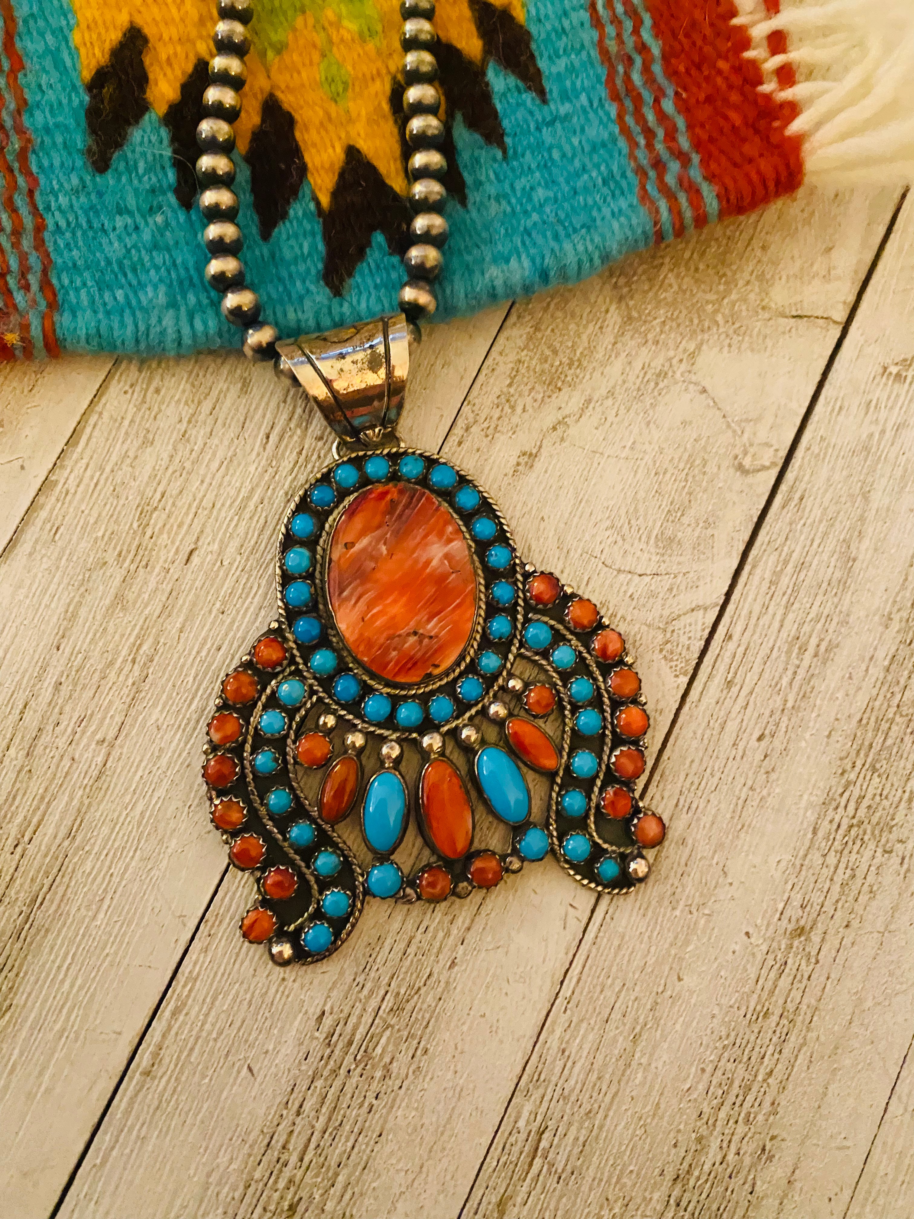 Navajo Sterling Silver & Multi Stone Cluster Pendant by Lorenzo James