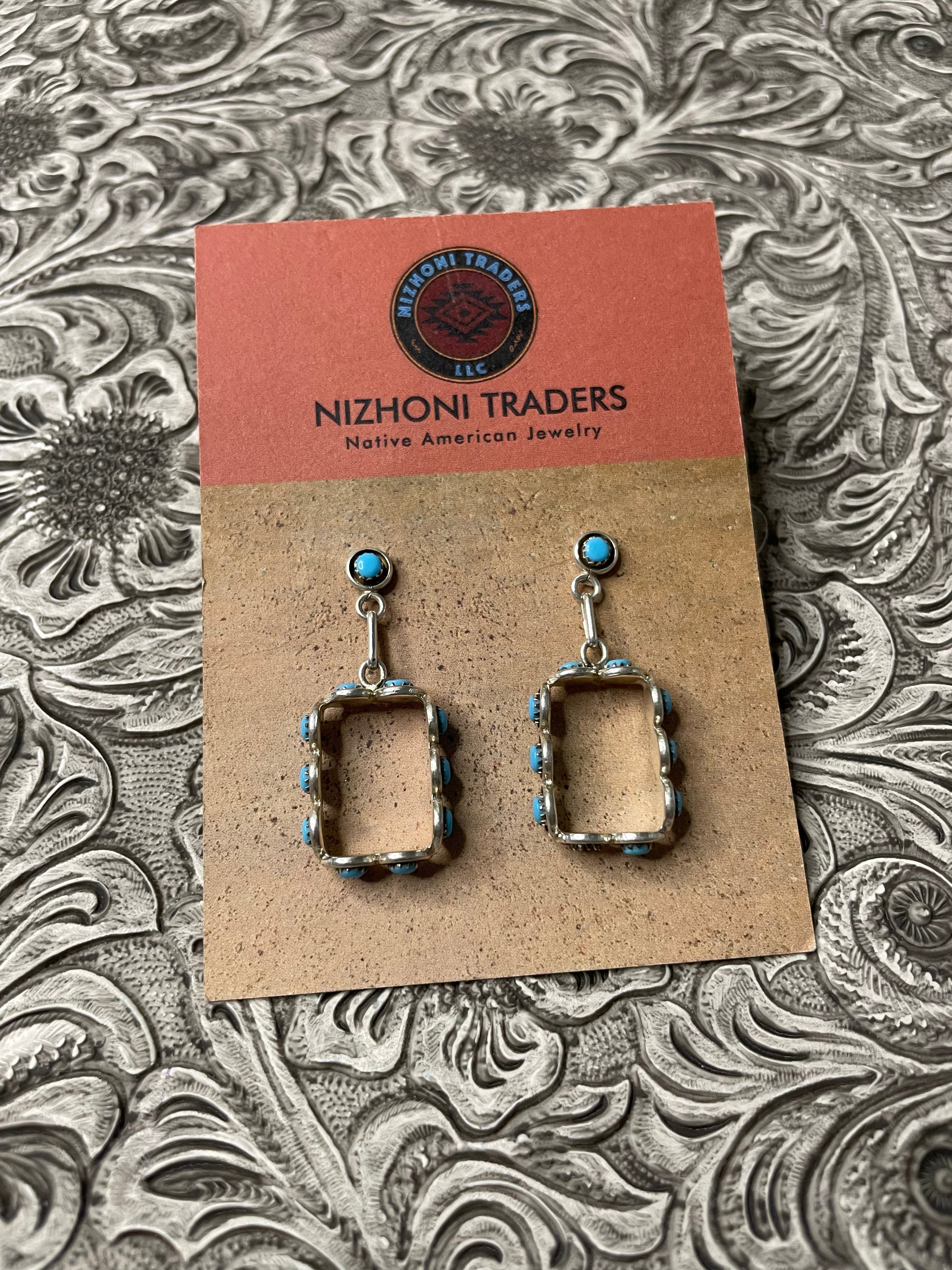 Zuni Turquoise And Sterling Silver Snake Eye Dangle Earrings