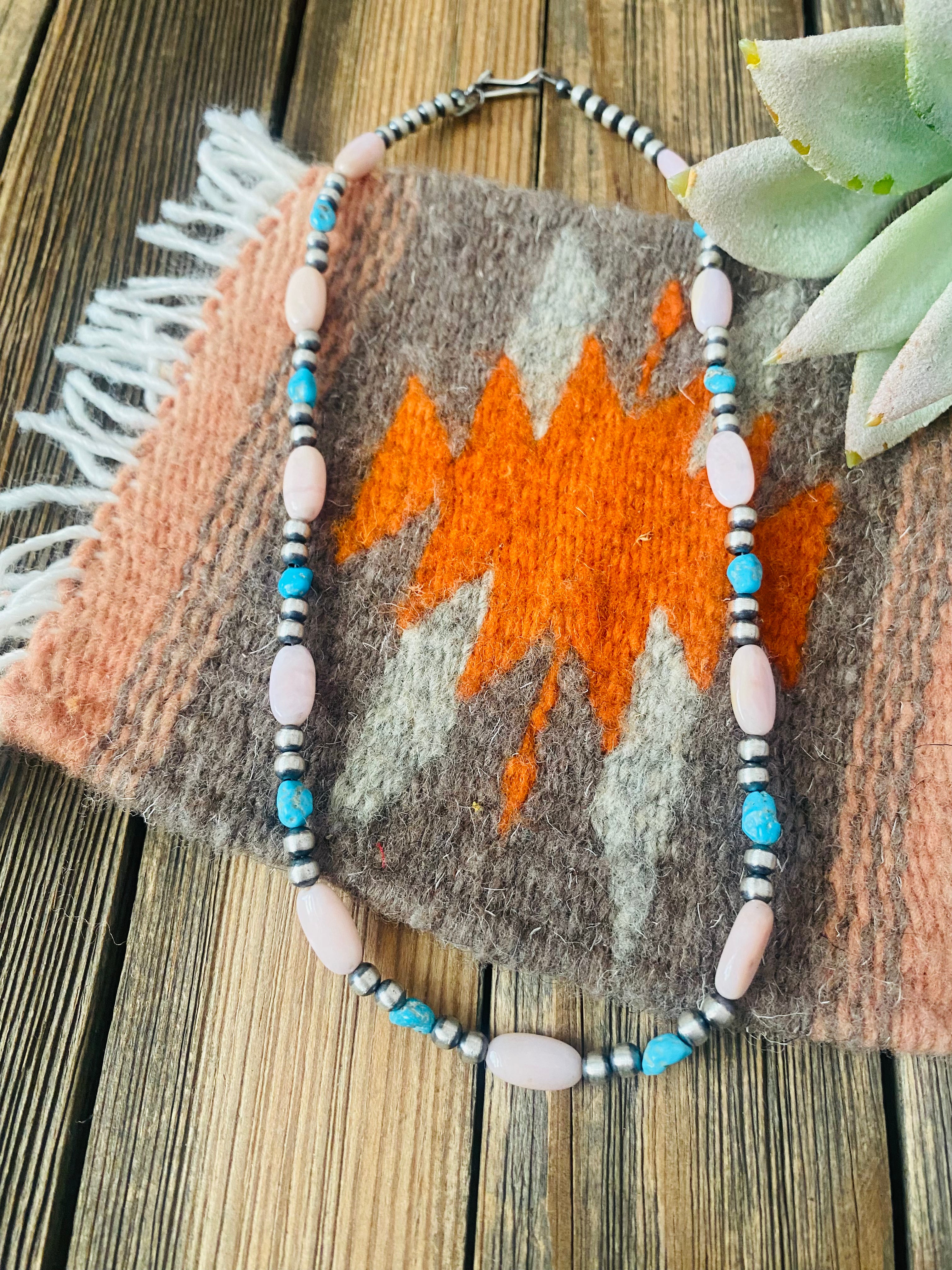 Handcrafted Sterling Silver Pearl, Turquoise & Queen Pink Conch Beaded Necklace 18”