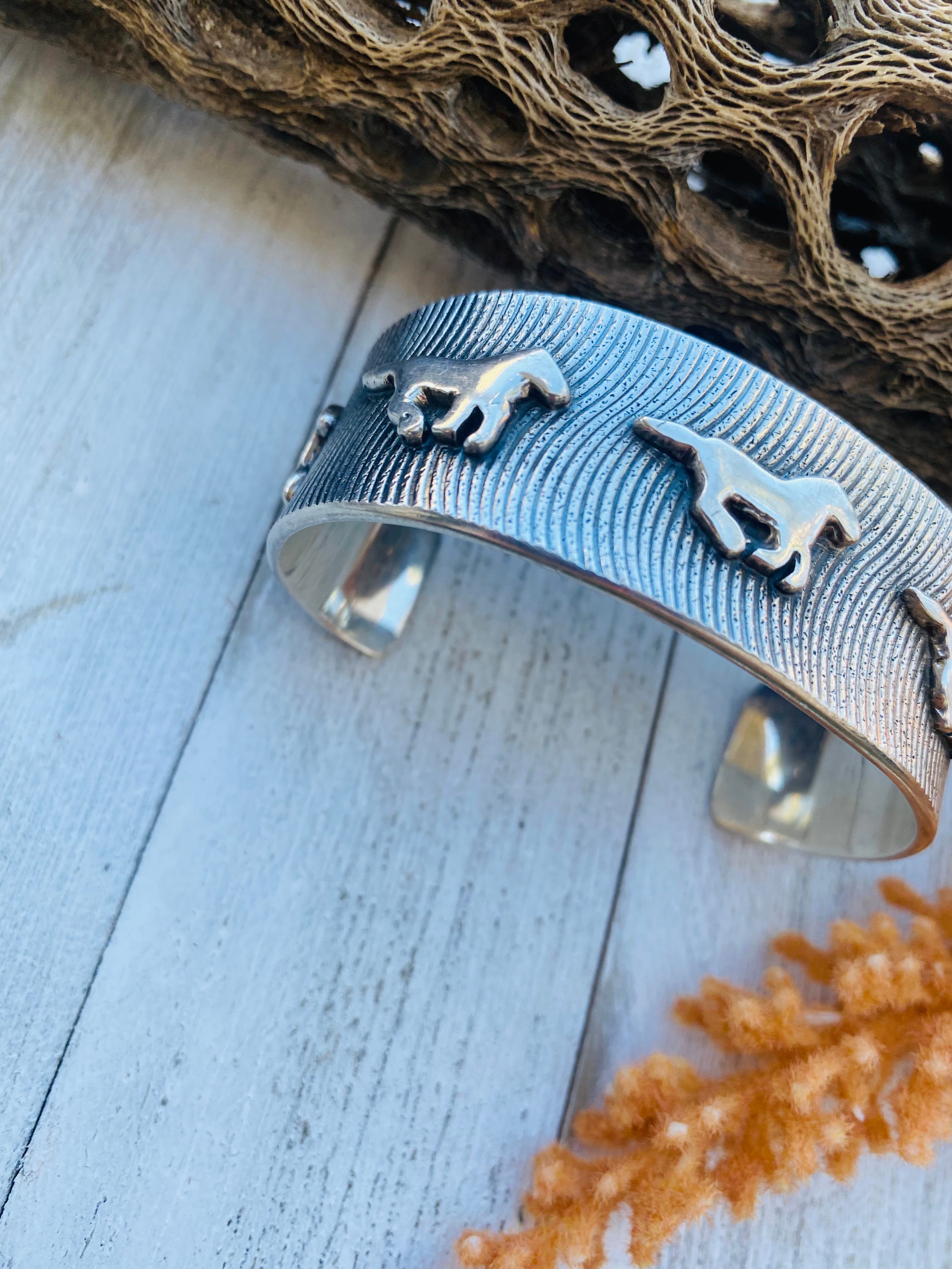 Handcrafted Sterling Silver Horses Cuff Signed