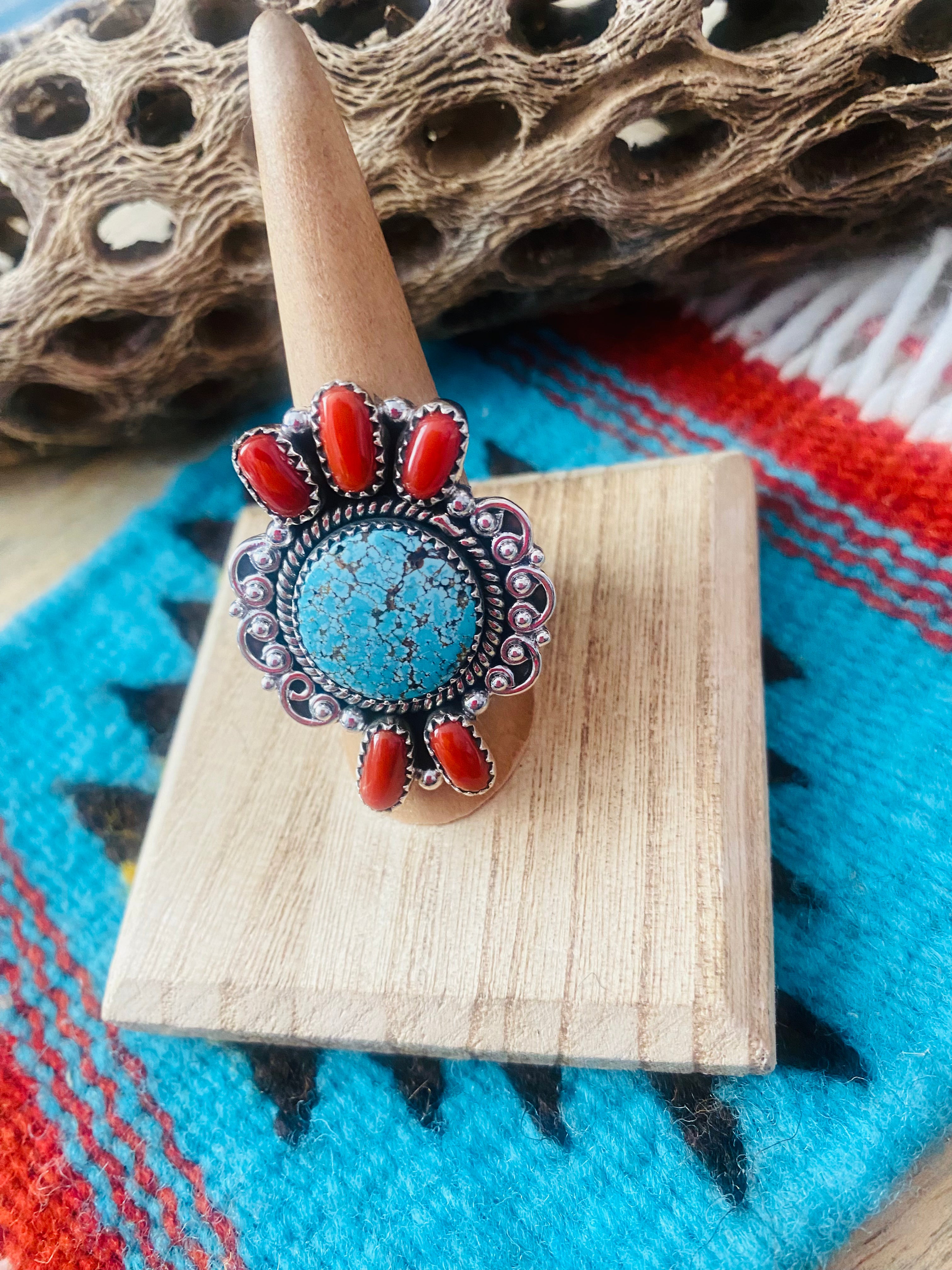 Handmade Sterling Silver, Coral & Number 8 Turquoise Adjustable Ring