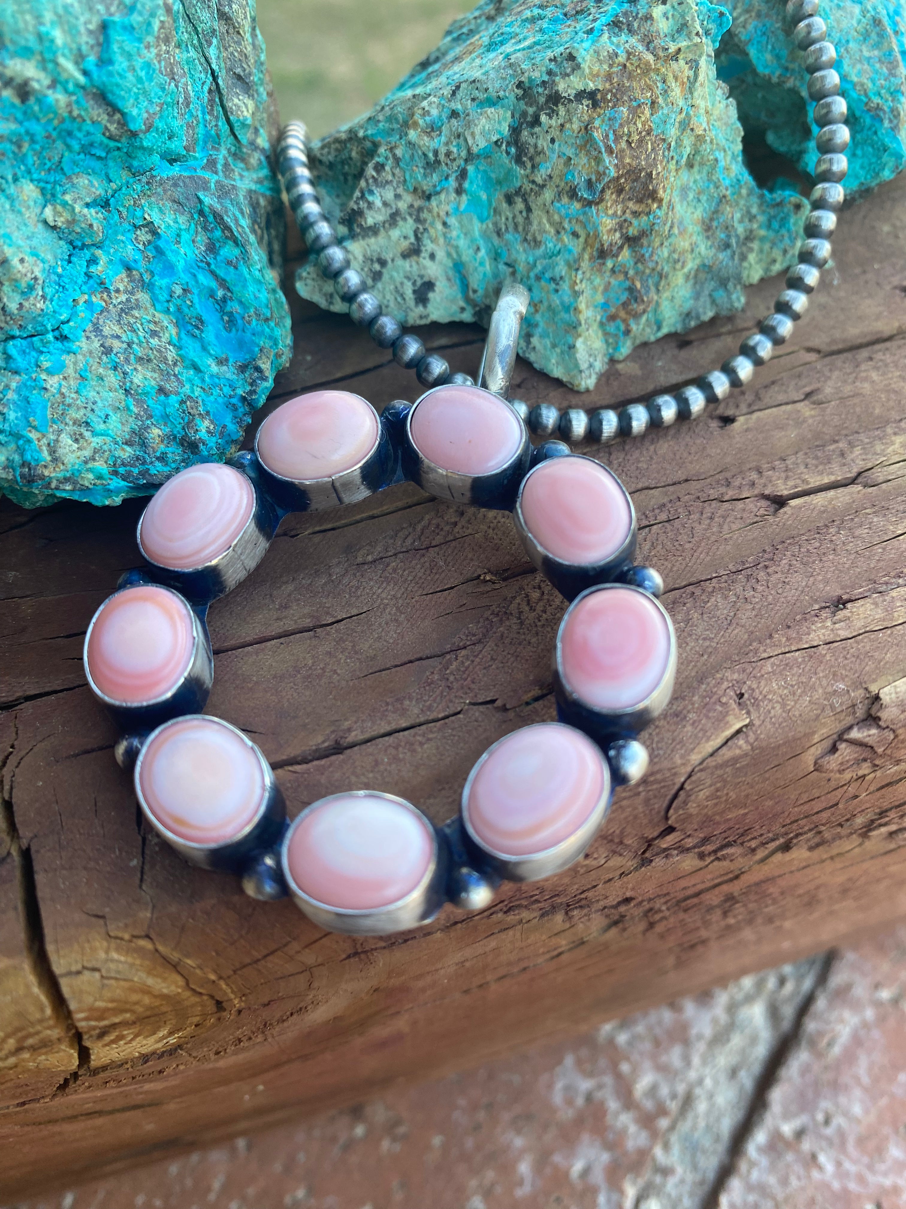 Handcrafted Round Queen Pink Conch & Sterling Silver Pendant Signed