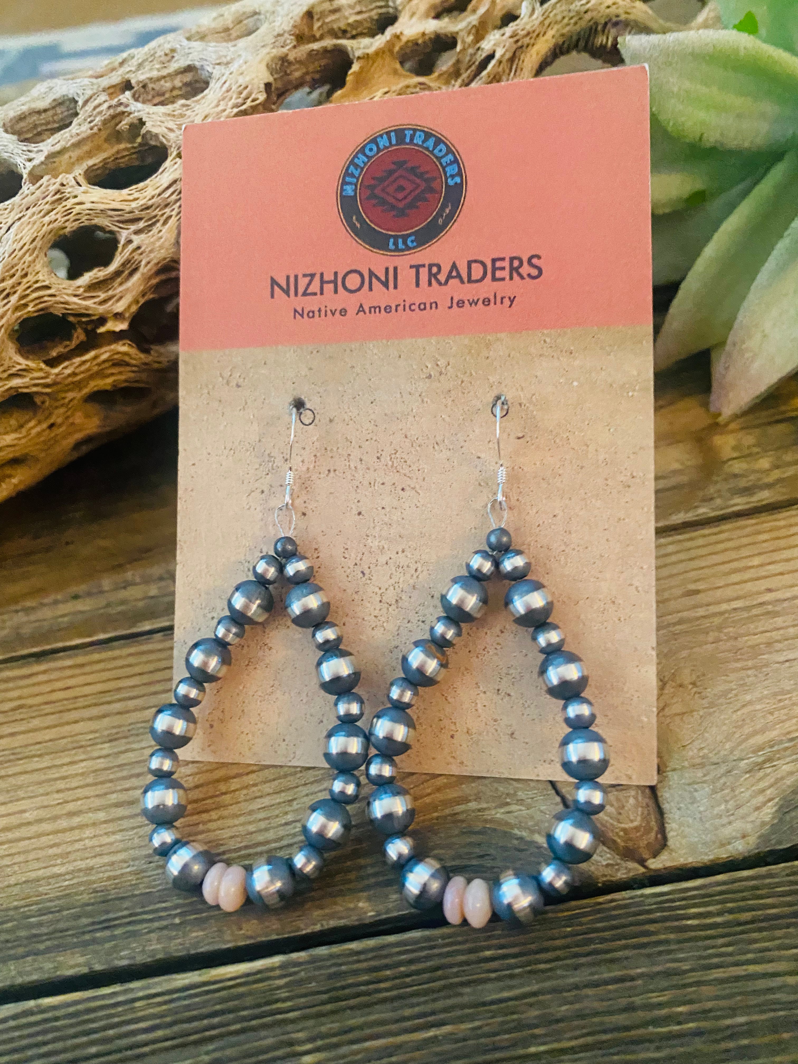 Handcrafted Sterling Silver Pearl & Pink Opal Dangle Hoop Earrings