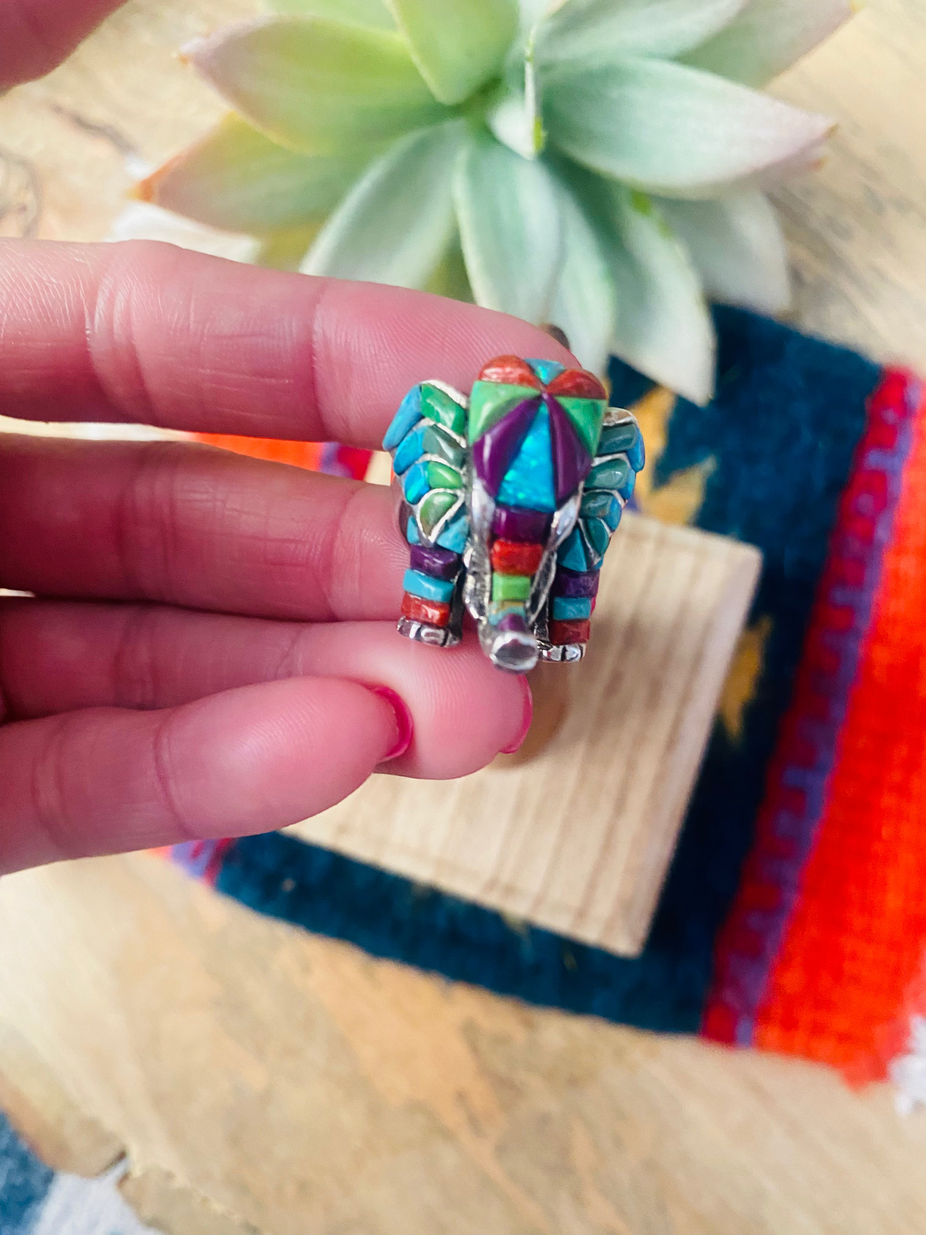 Handmade Sterling Silver & Multi Stone Inlay Elephant Ring Size 6.75