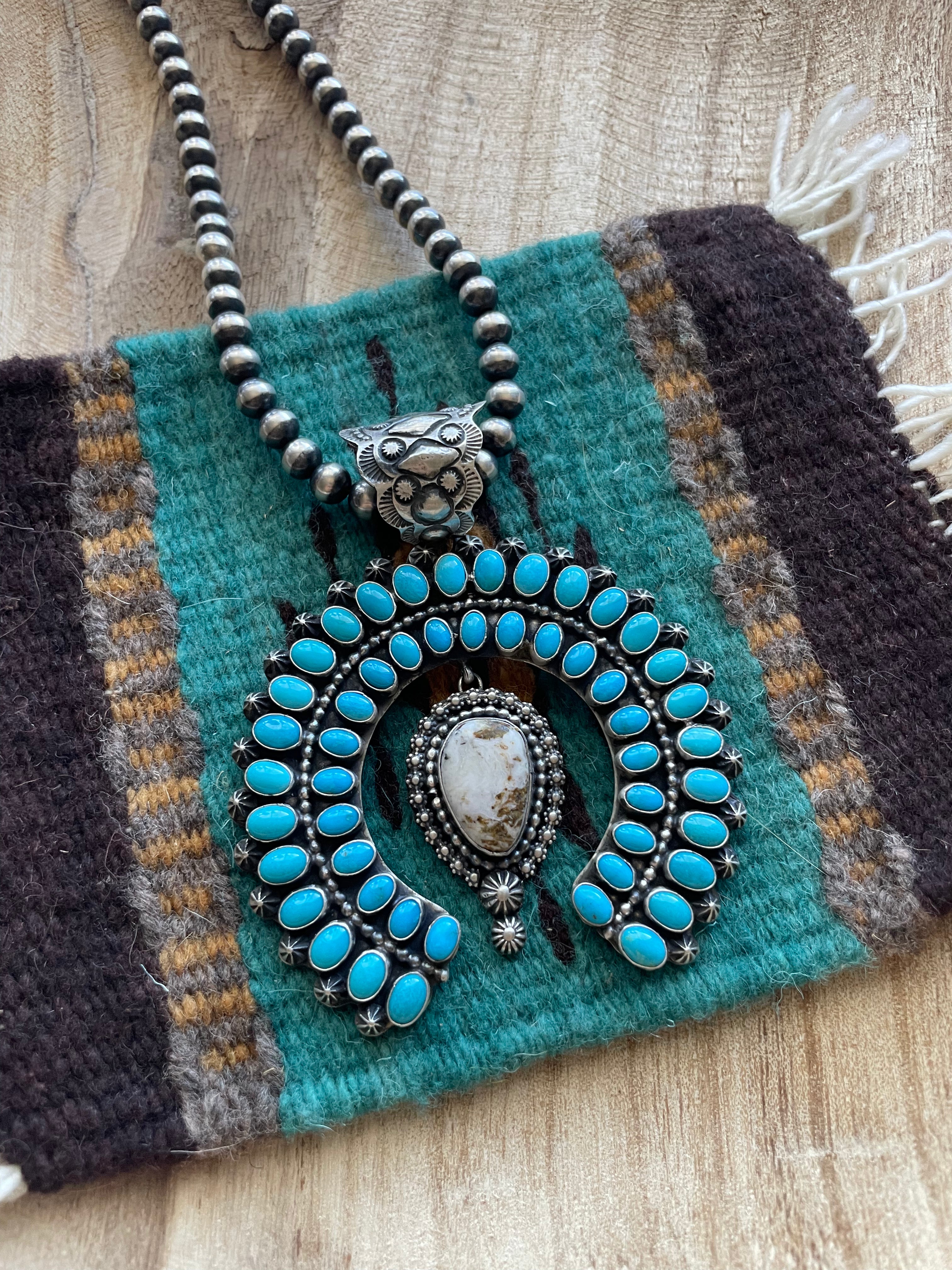 Handcrafted Sterling Silver, Turquoise & White Buffalo Naja Pendant Signed