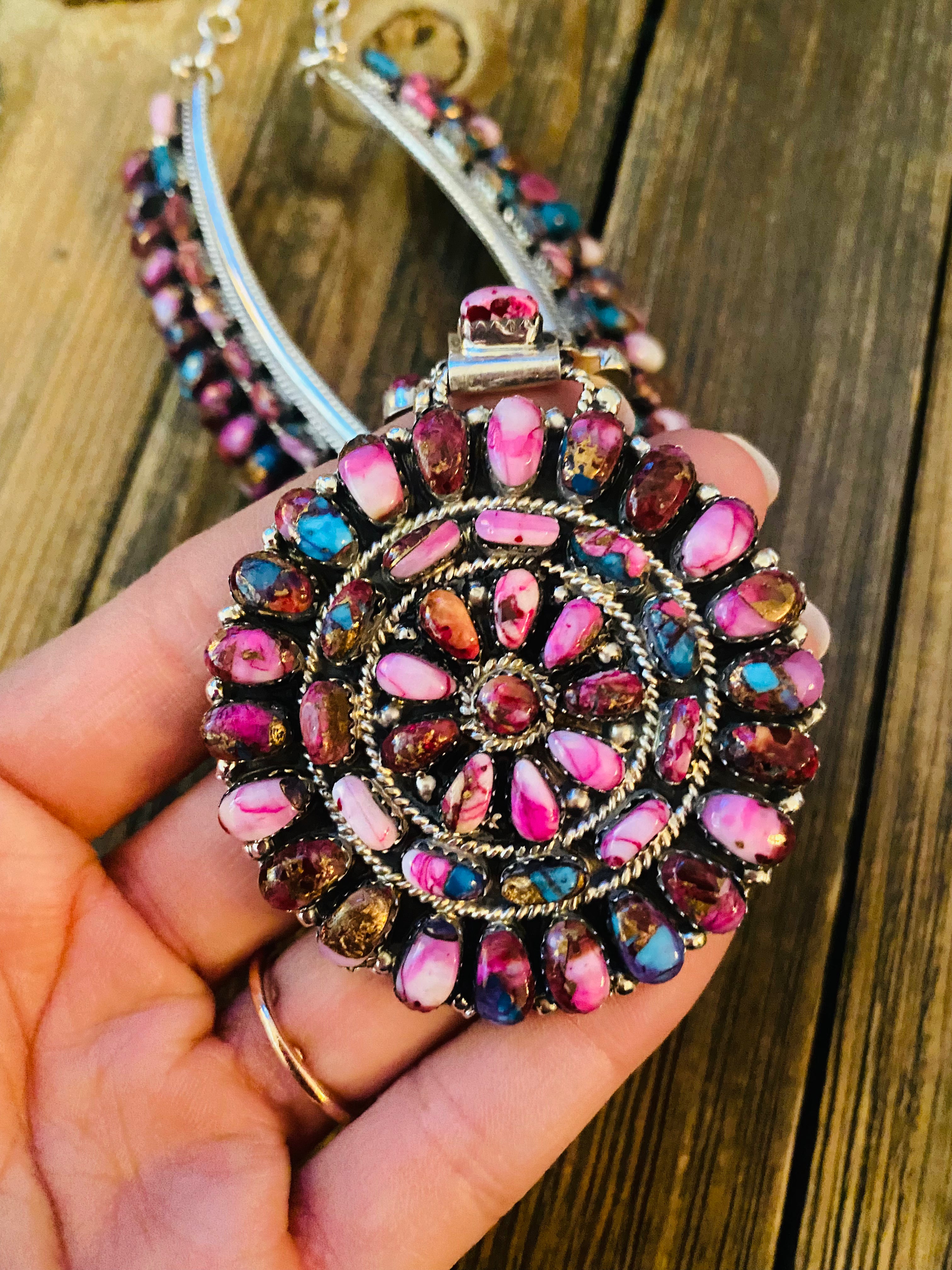 Handcrafted Sterling Silver & Pink Dream Mohave Cluster Necklace by Juliana Williams