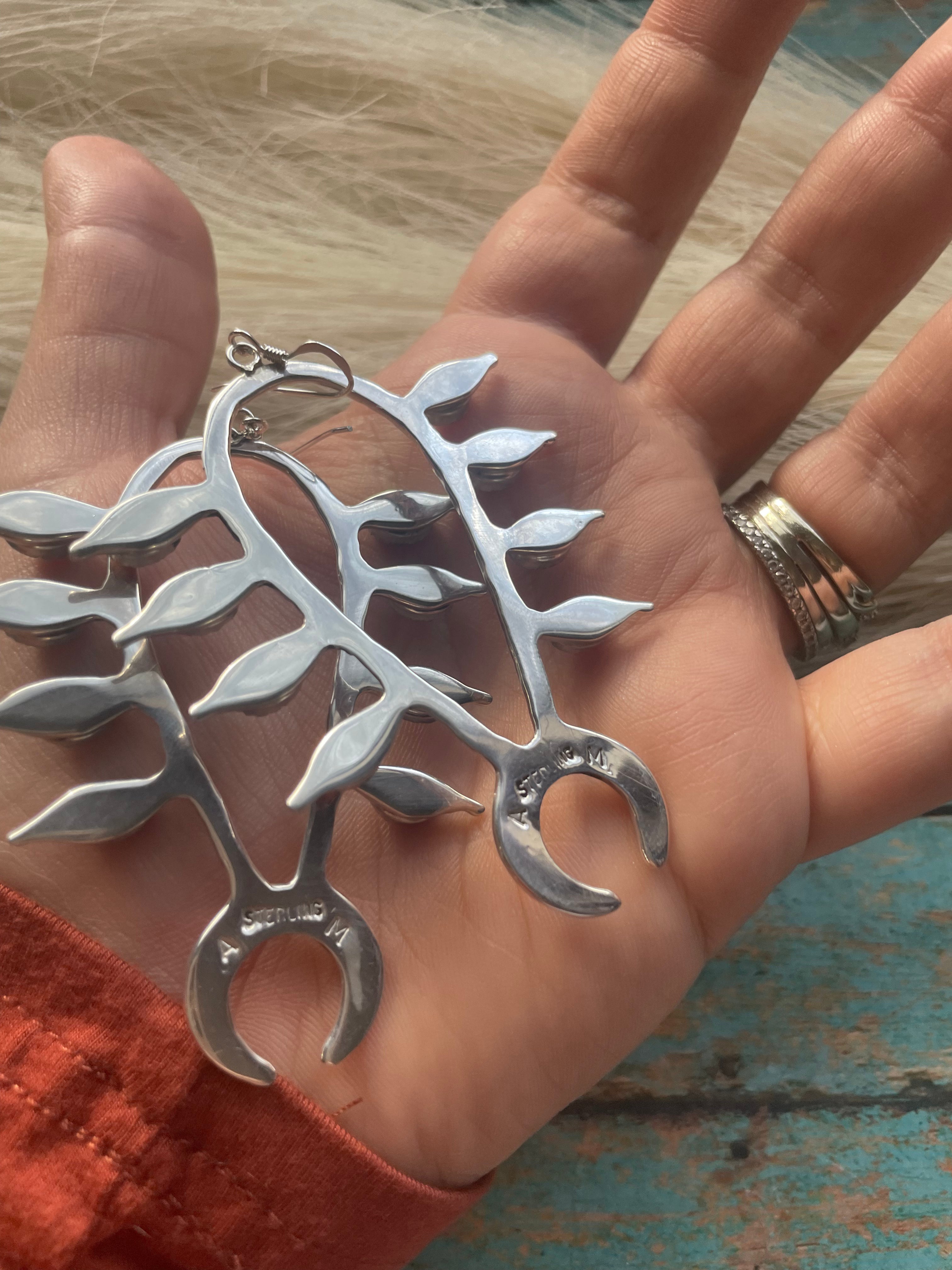 Navajo Sterling Silver & Orange Spiny Squash Blossom Dangle Earrings Signed