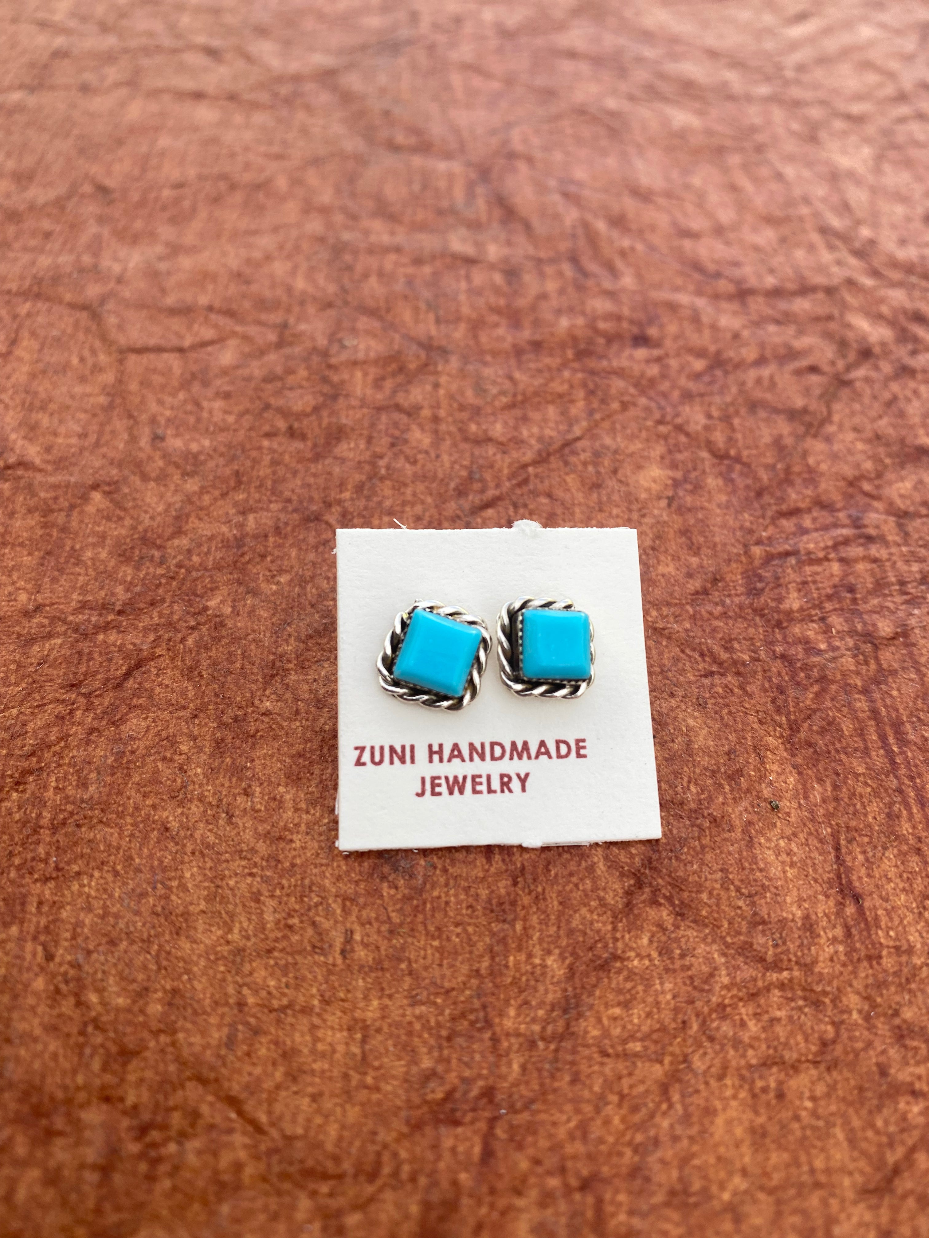 Handcrafted Sterling Silver Kingman Turquoise Square Stud Earrings
