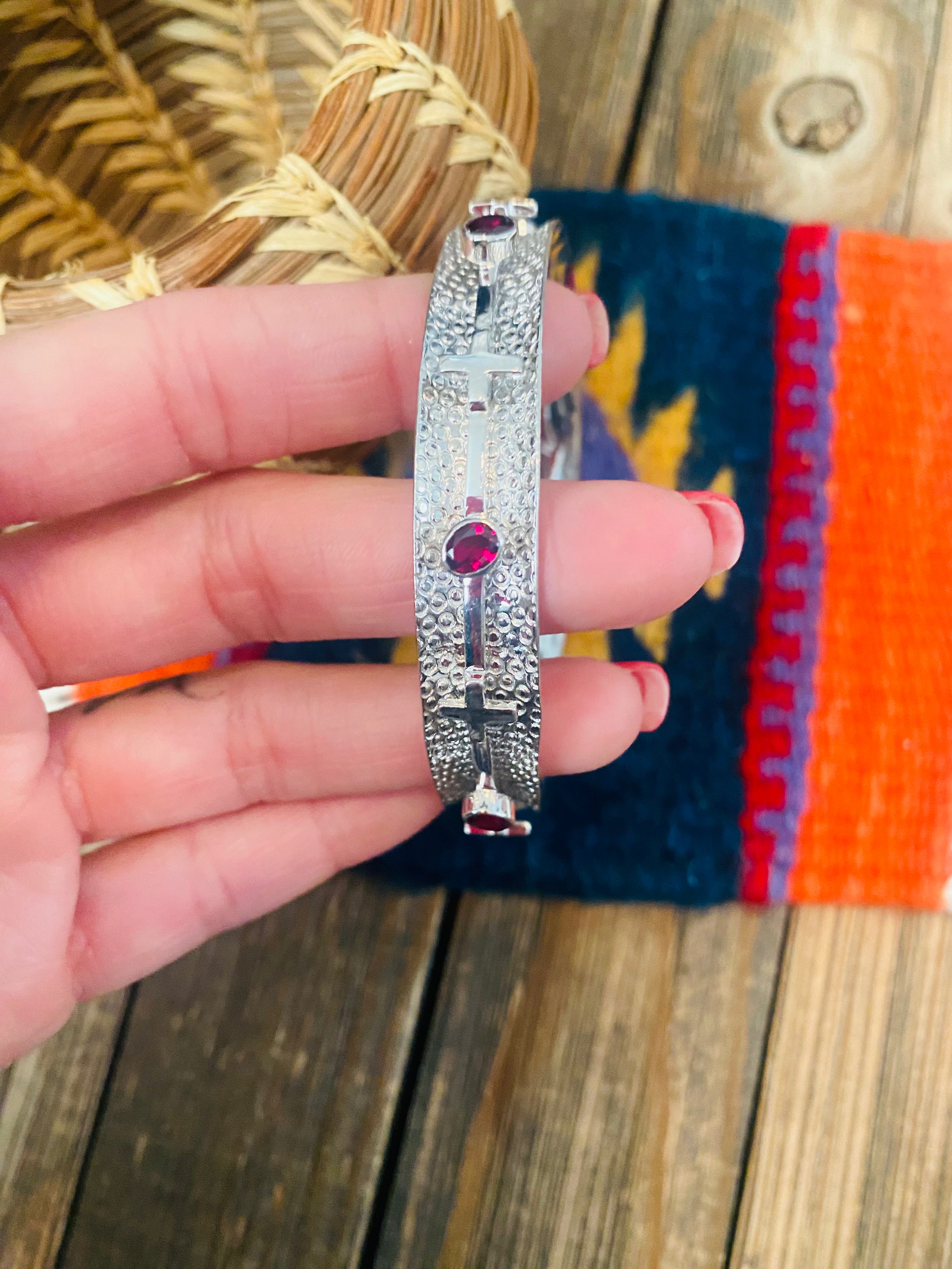 Navajo Sterling Silver & Topaz Bangle Bracelet Signed