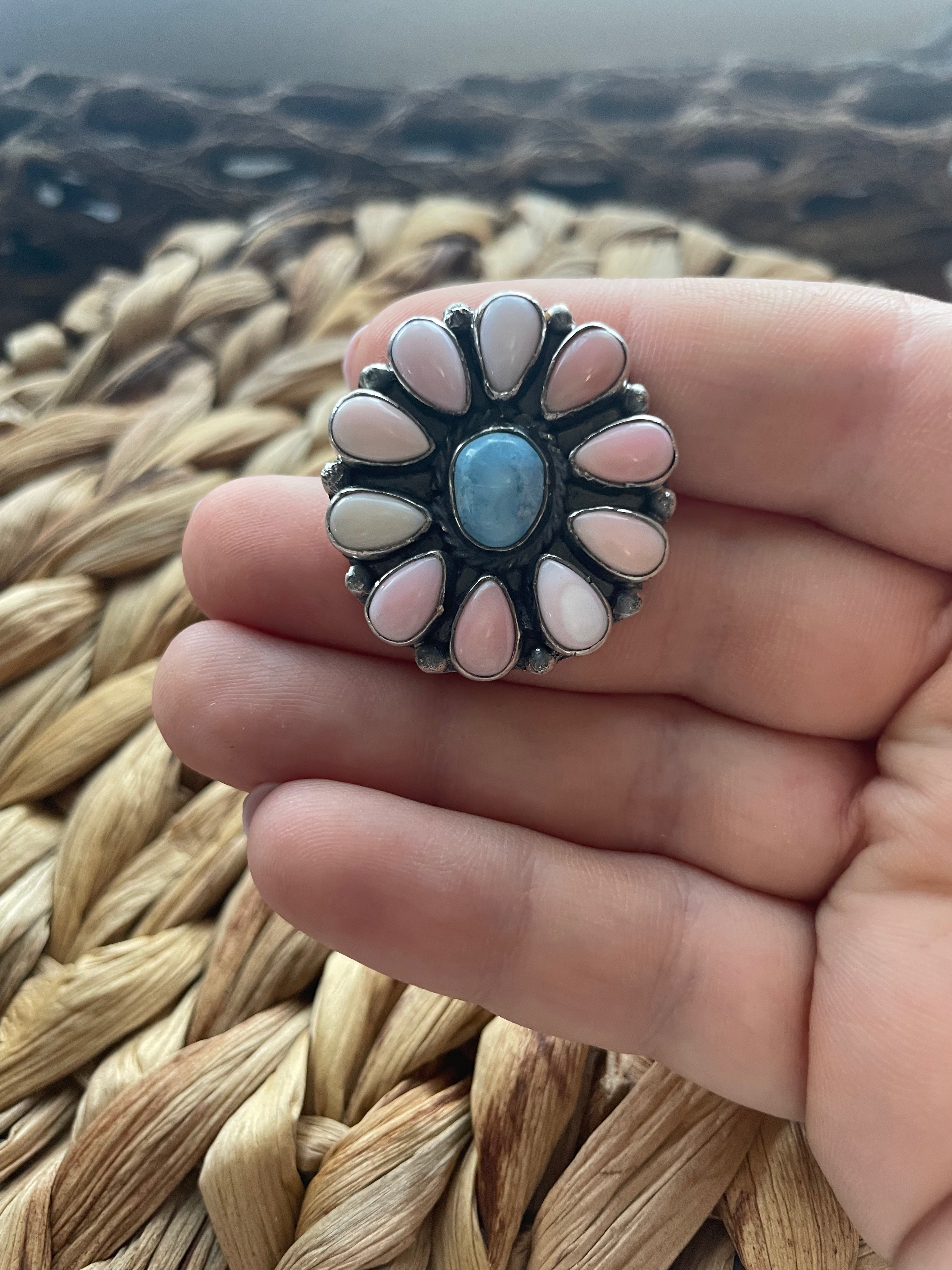 Handcrafted Golden Hills Turquoise, Pink Conch, and Sterling Silver Adjustable Ring Signed C. Yazzie