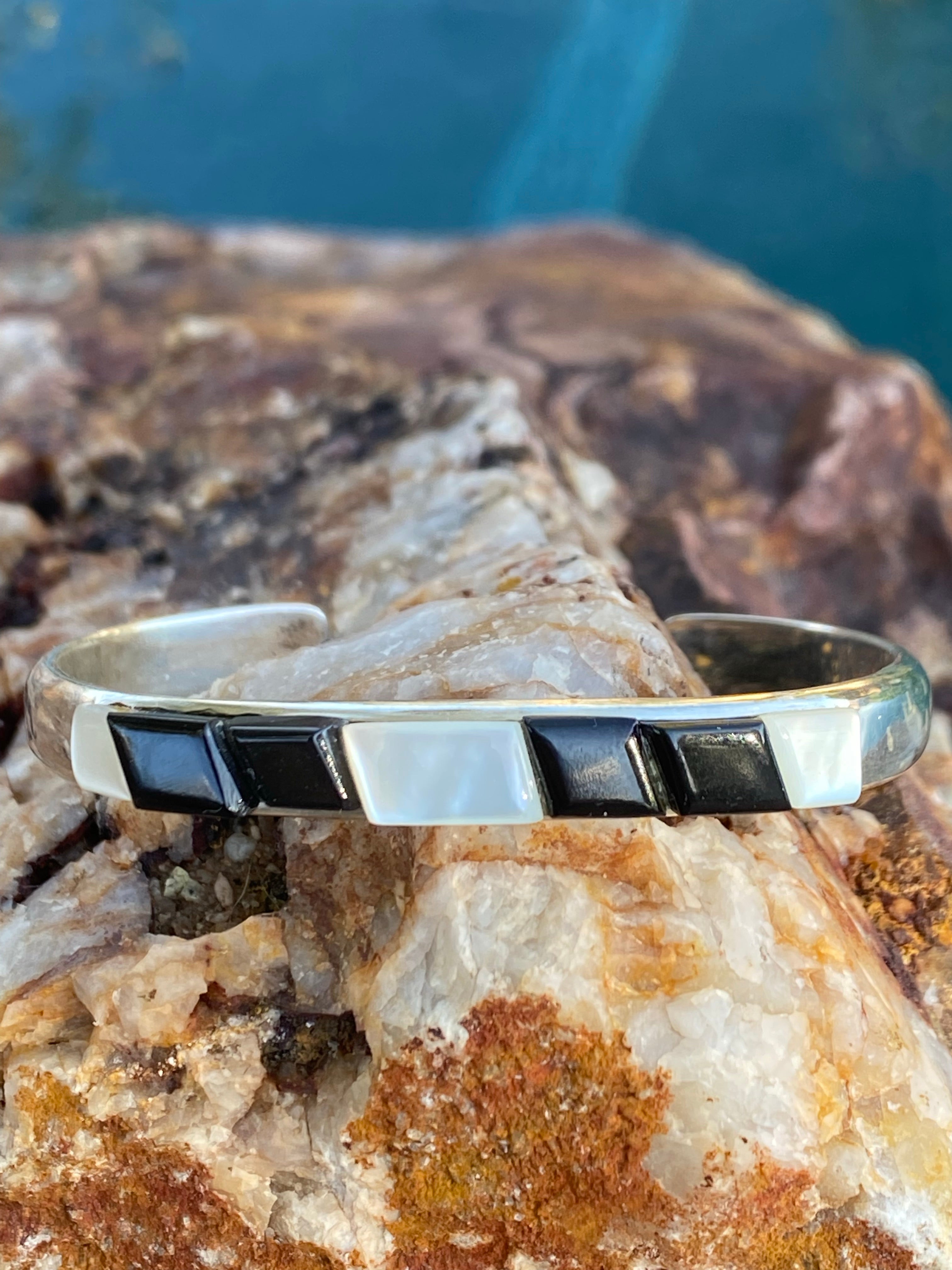 Handcrafted Onyx, Opal & Sterling Silver Inlay Cuff Bracelet