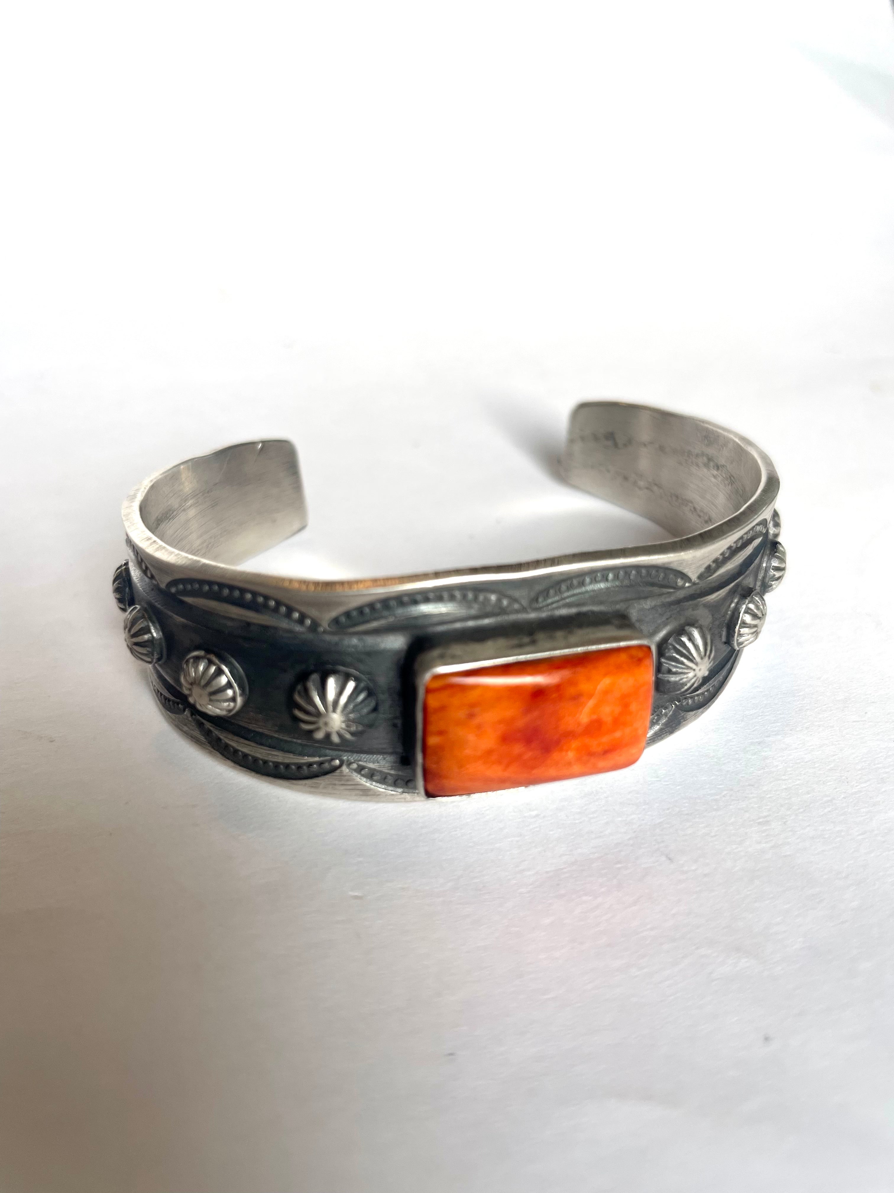 Handcrafted Sterling Silver & Orange Spiny Cuff Stamped And Signed By Chimney Butte