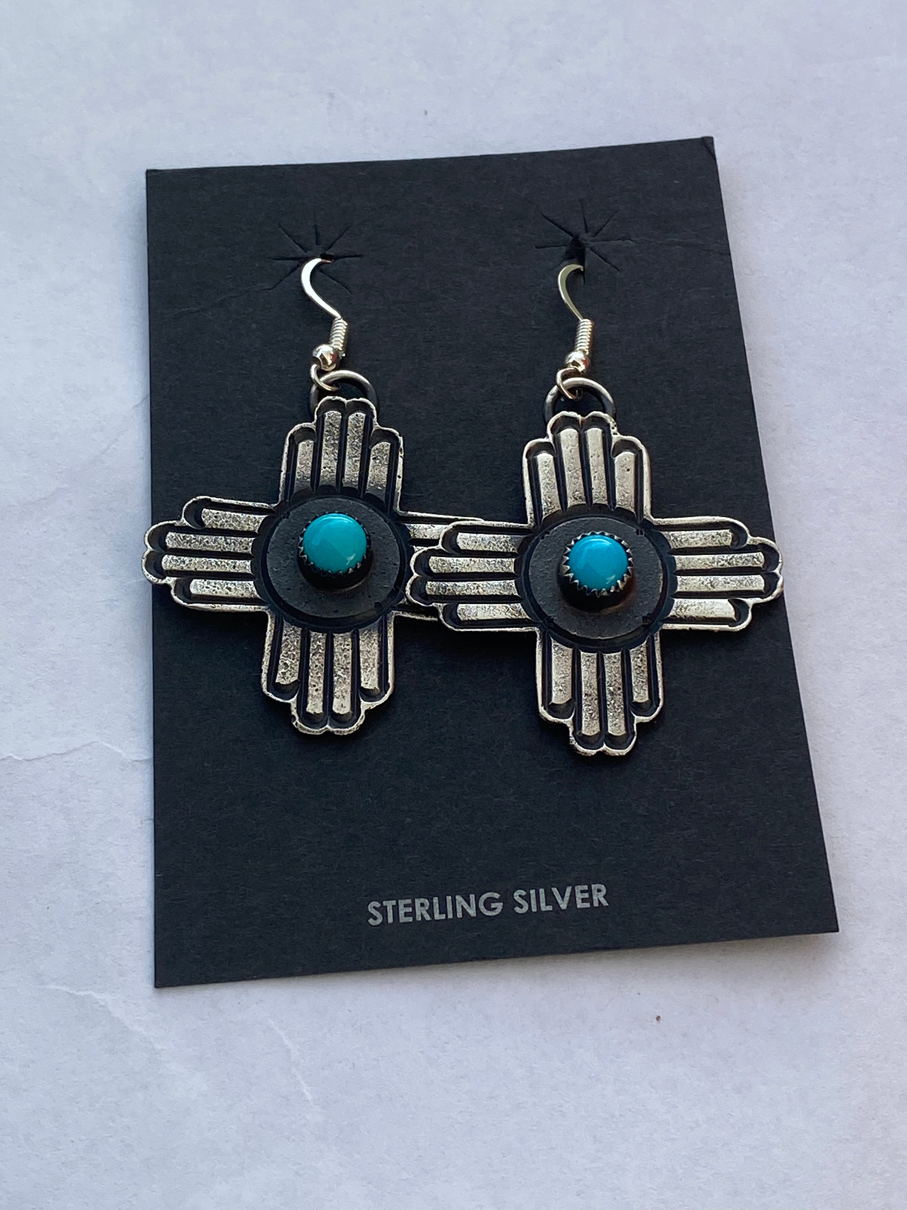 Handcrafted Turquoise & Sterling Silver Zia Dangle Earrings By Kevin Billah