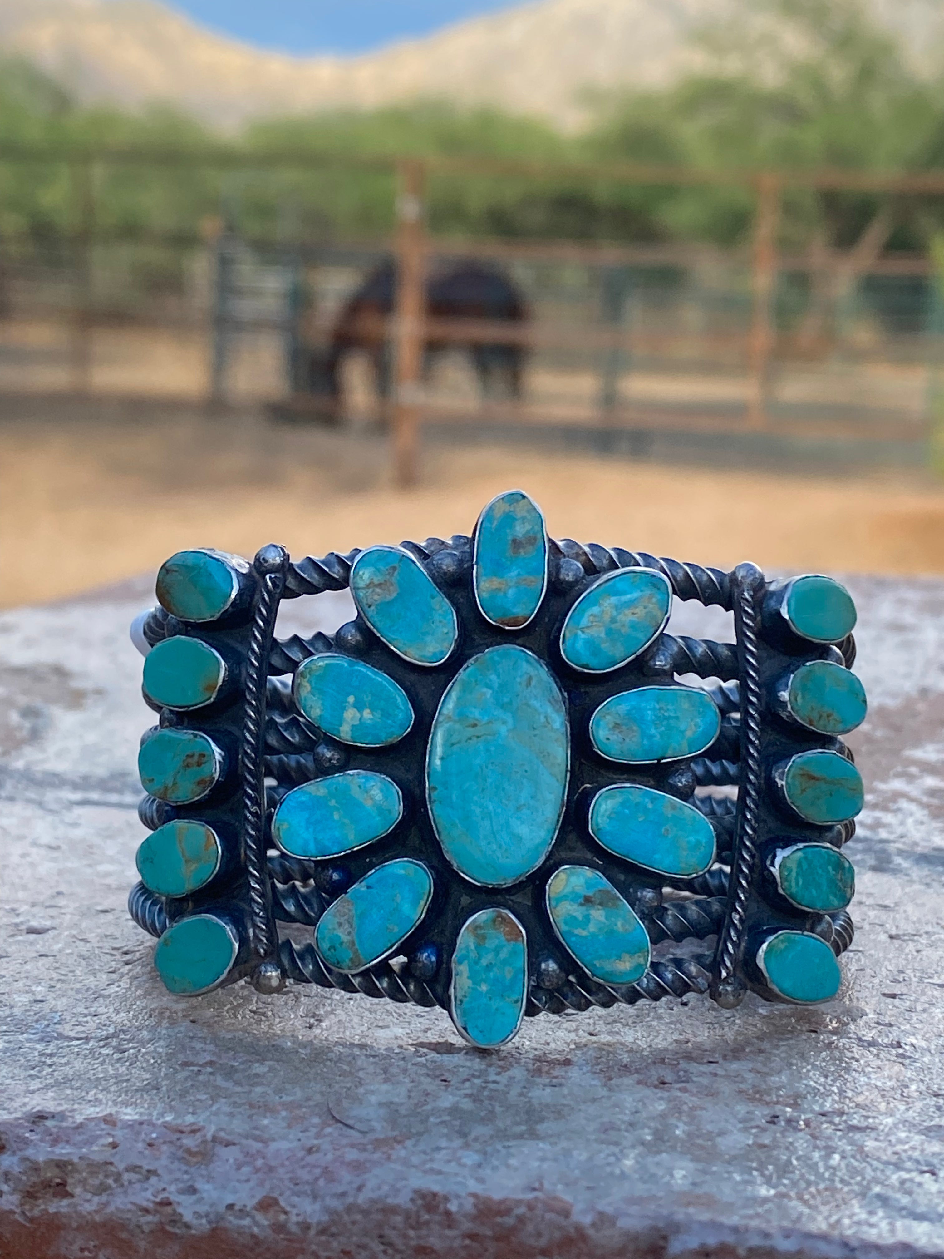 Navajo Jacqueline Silver Royston Turquoise & Sterling Cluster Cuff /