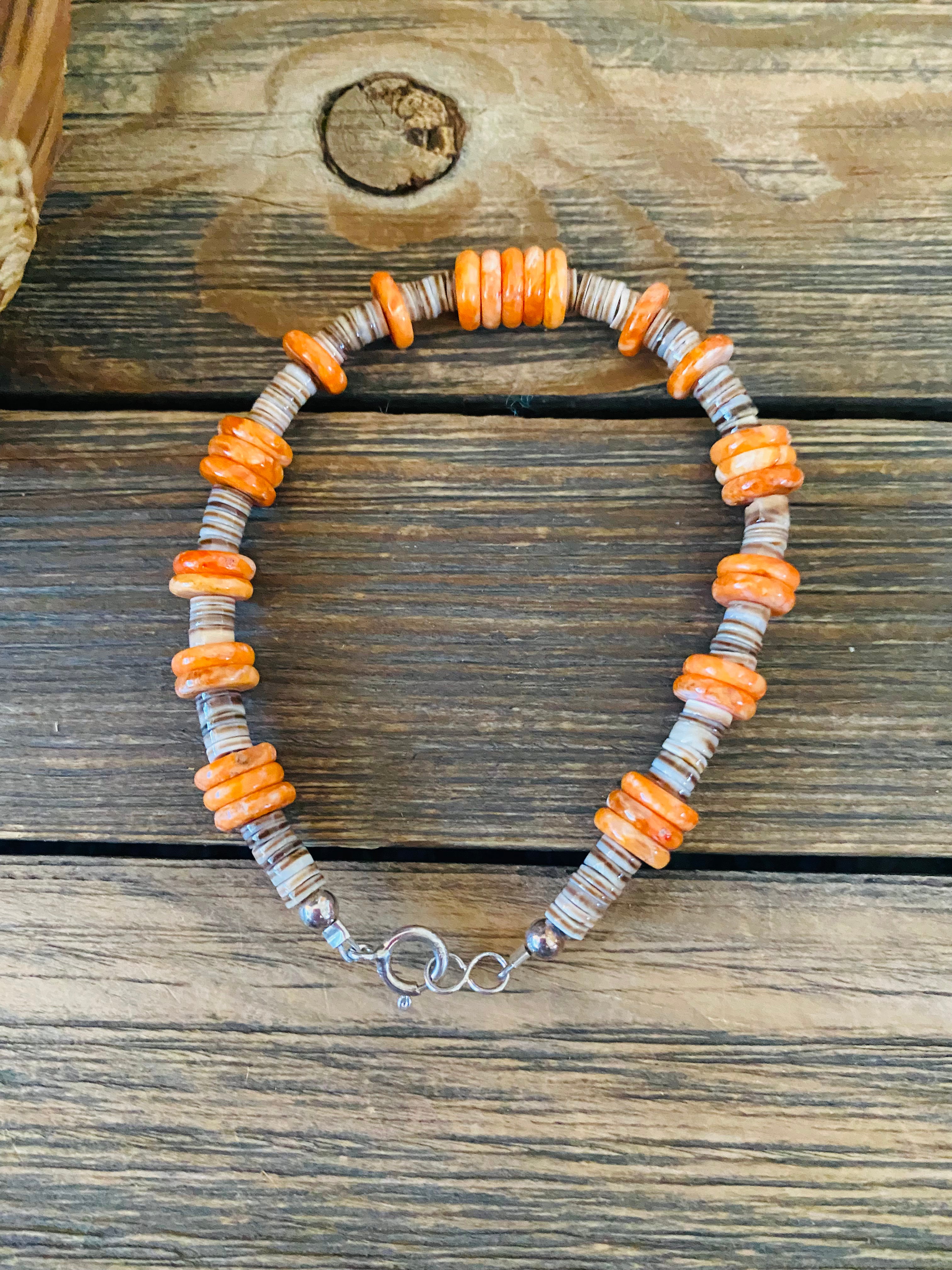 Handcrafted Orange Spiny, Heishi & Sterling Silver Beaded Bracelet