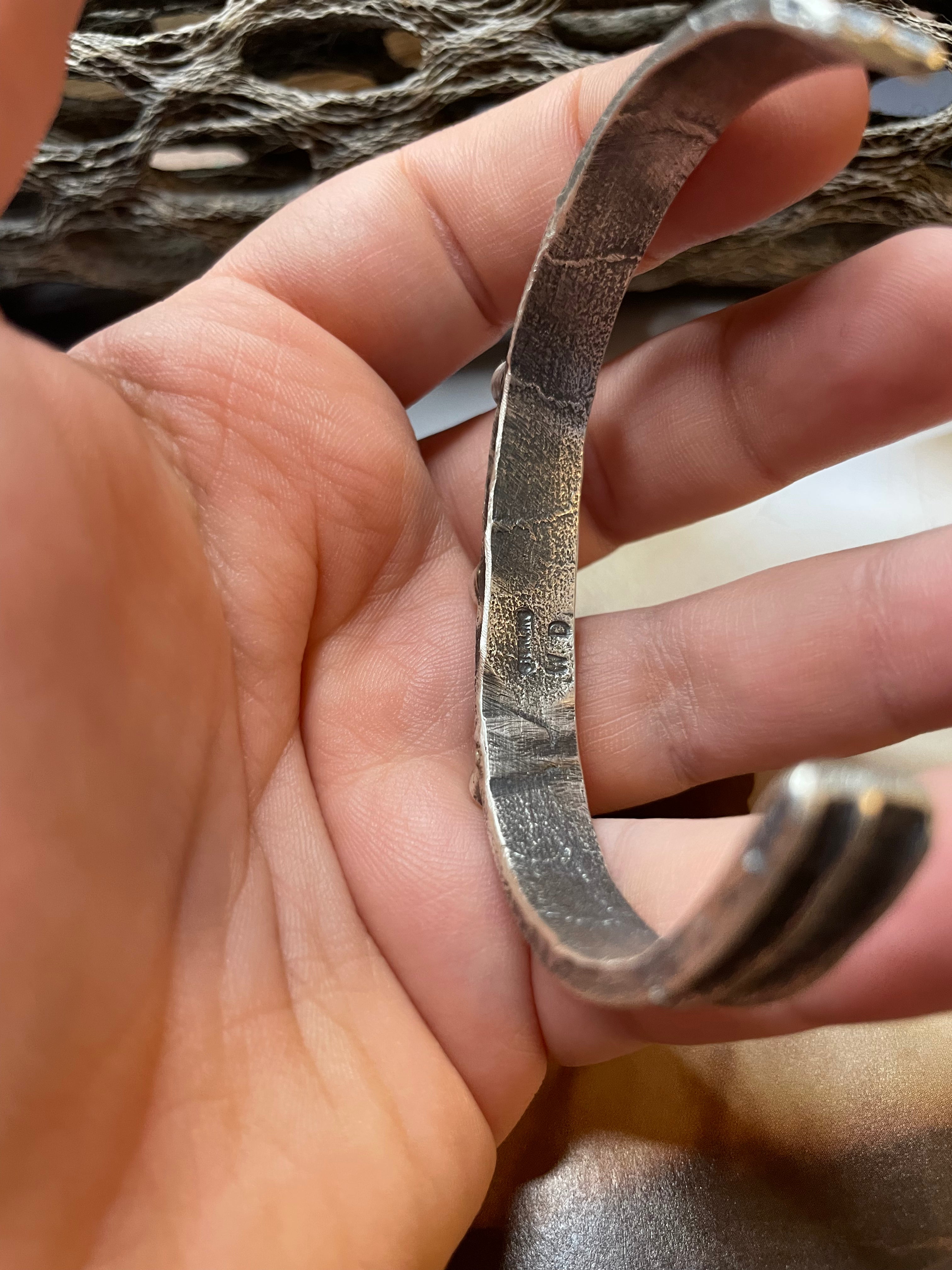 Handcrafted Pink Conch & Sterling Silver Tufa Cast Cuff Bracelet Signed