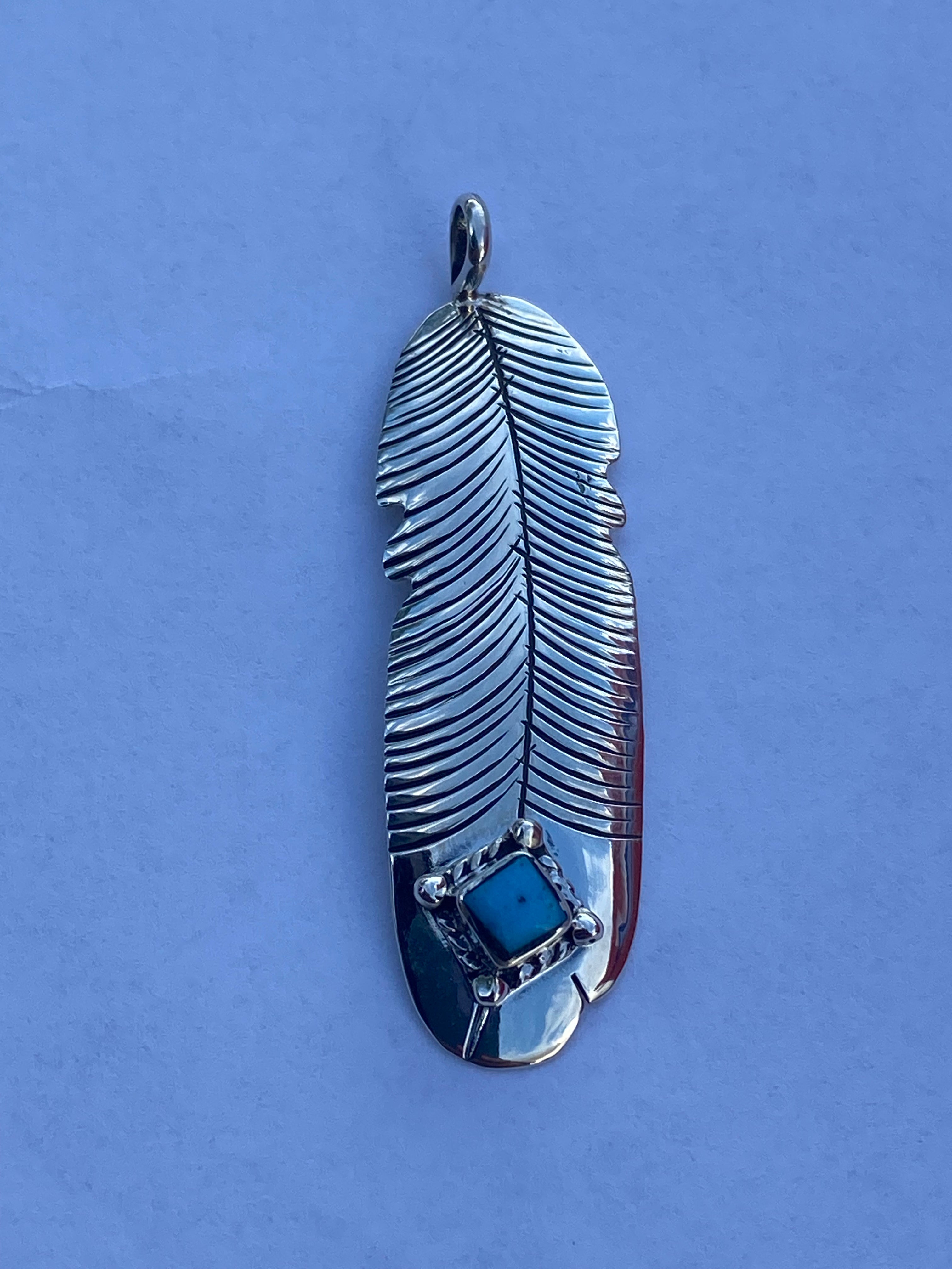 Handcrafted Kingman Turquoise & Sterling Silver Feather Pendant
