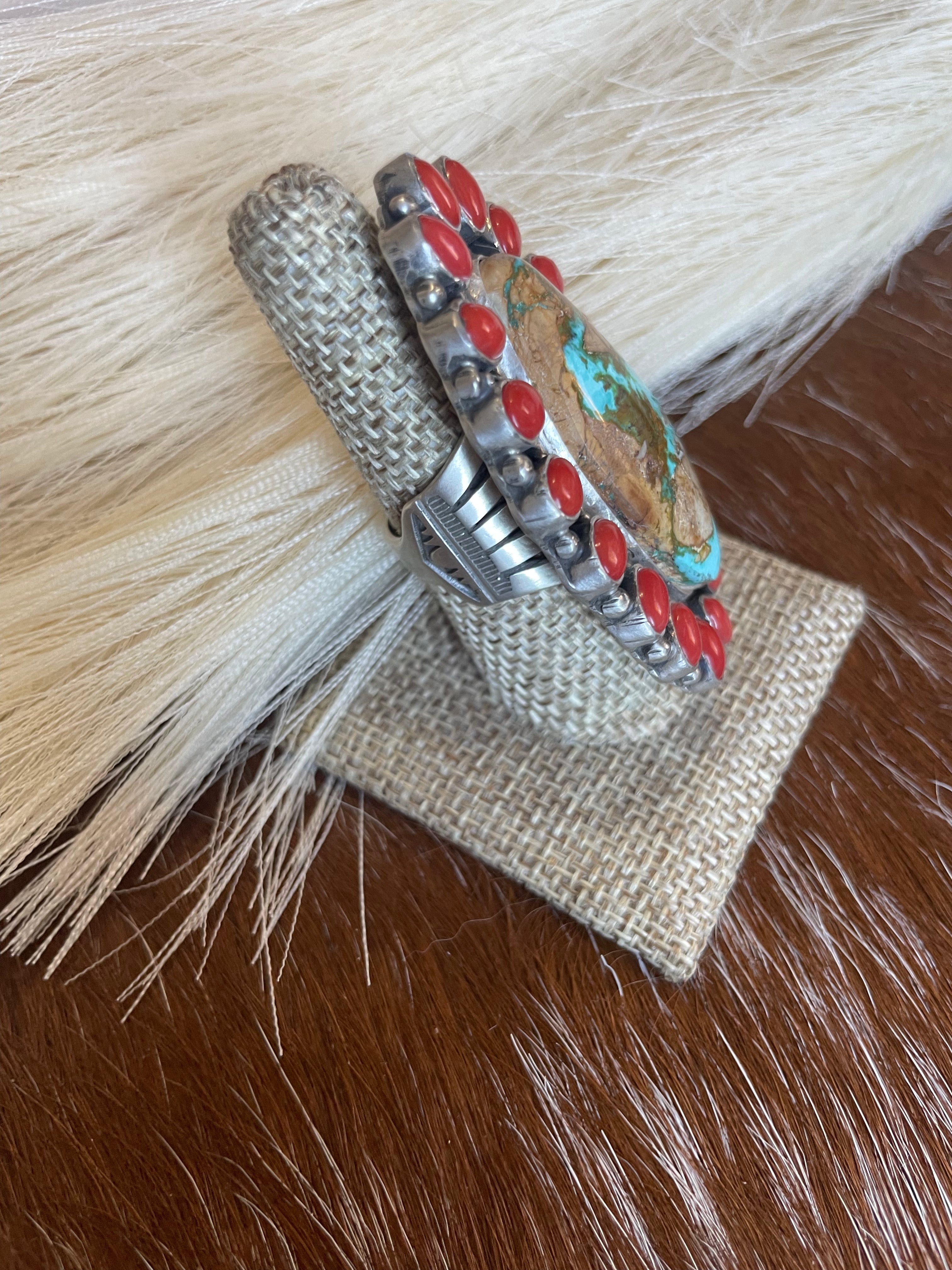 Navajo Number 8 Turquoise, Coral & Sterling Silver Ring Size 8 Signed G James