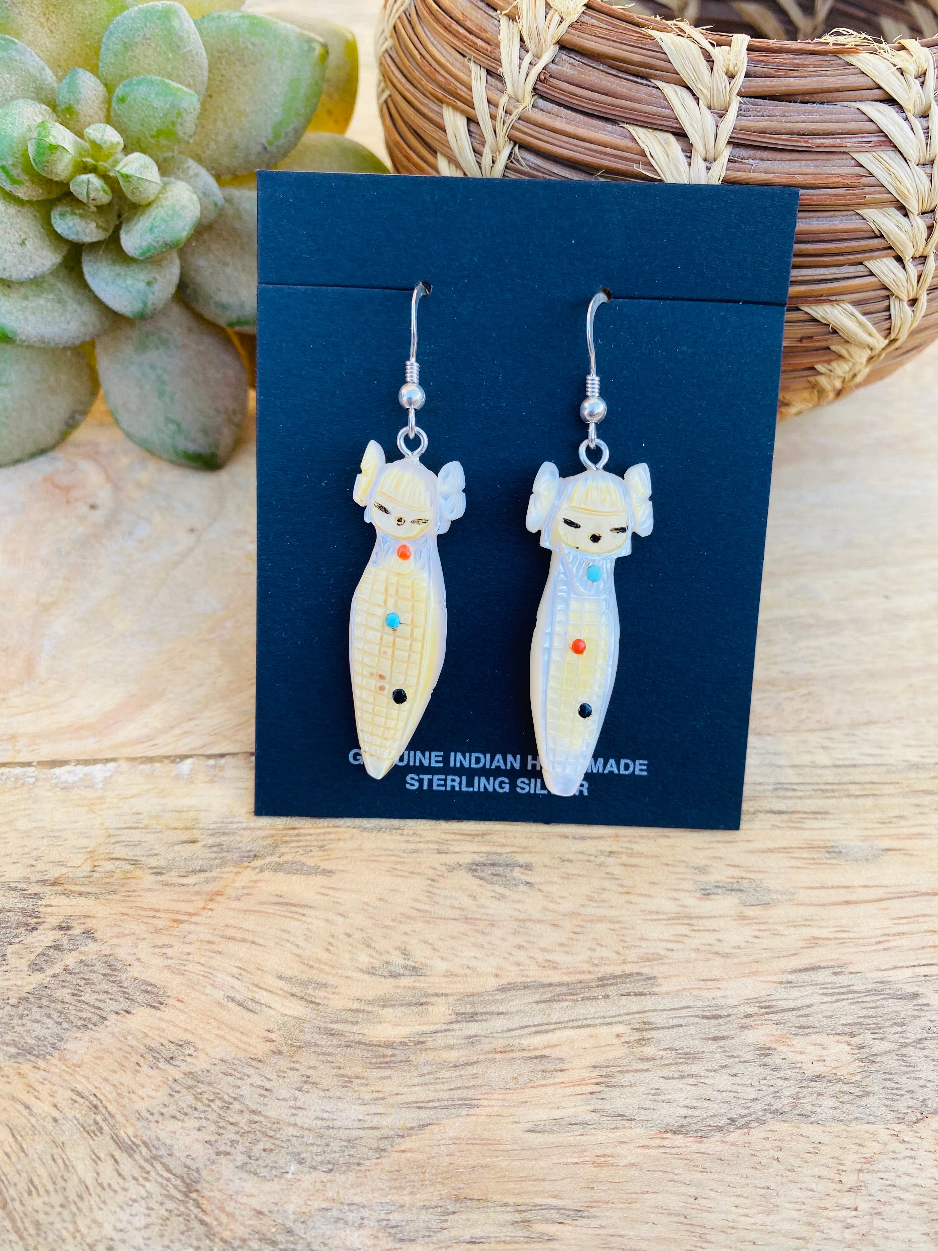 Vintage Handcrafted Hand Carved Mother of Pearl Corn Maiden Fetish Earrings