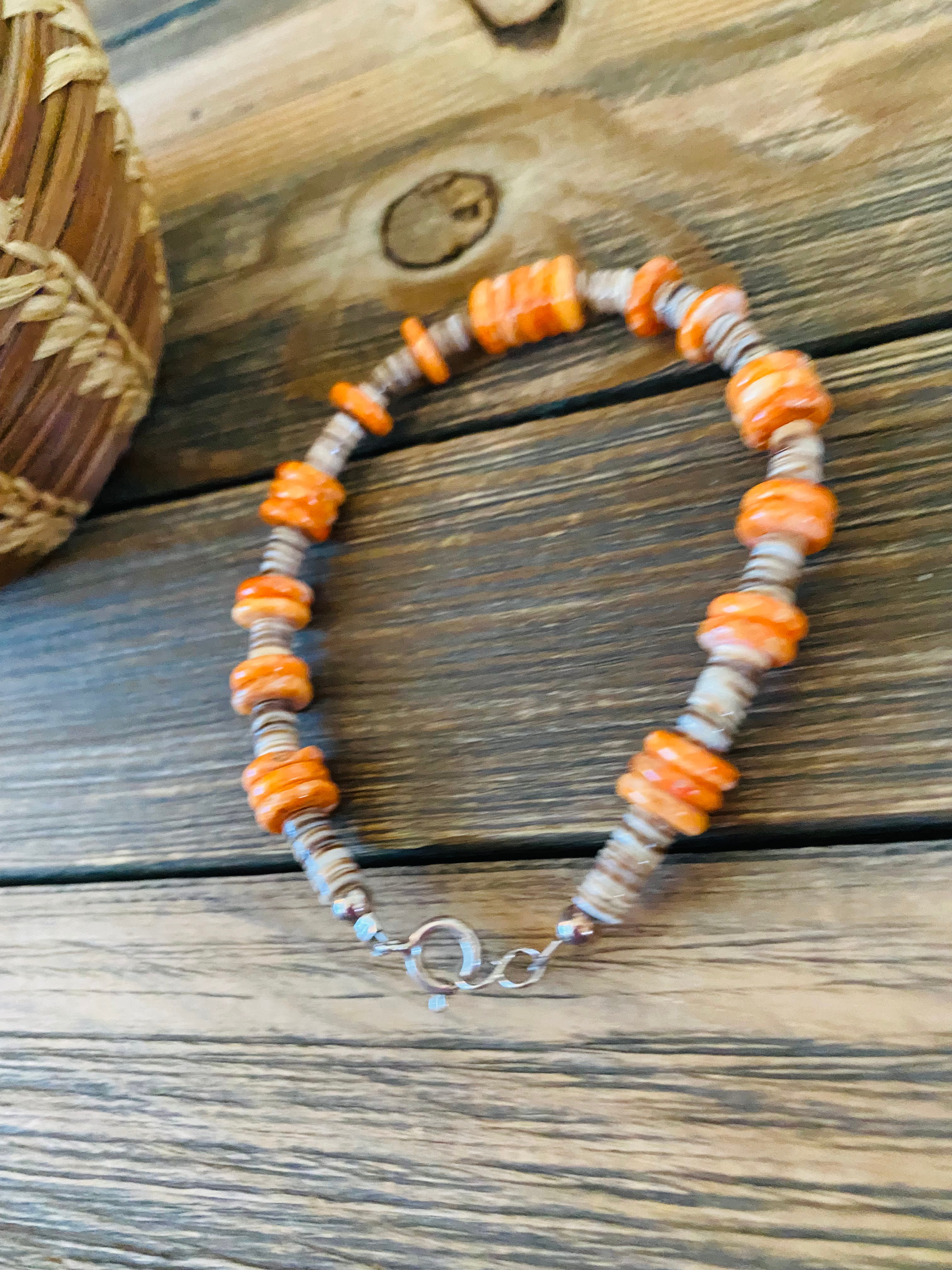 Handcrafted Orange Spiny, Heishi & Sterling Silver Beaded Bracelet