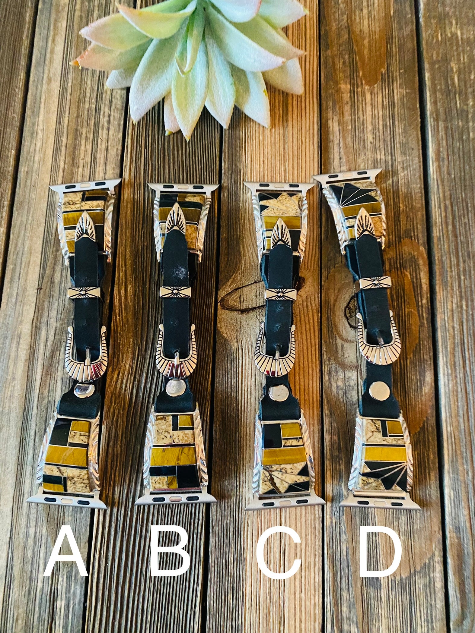 Handcrafted Multi Stone, Sterling Silver & Black Leather Smartphone Watch Band