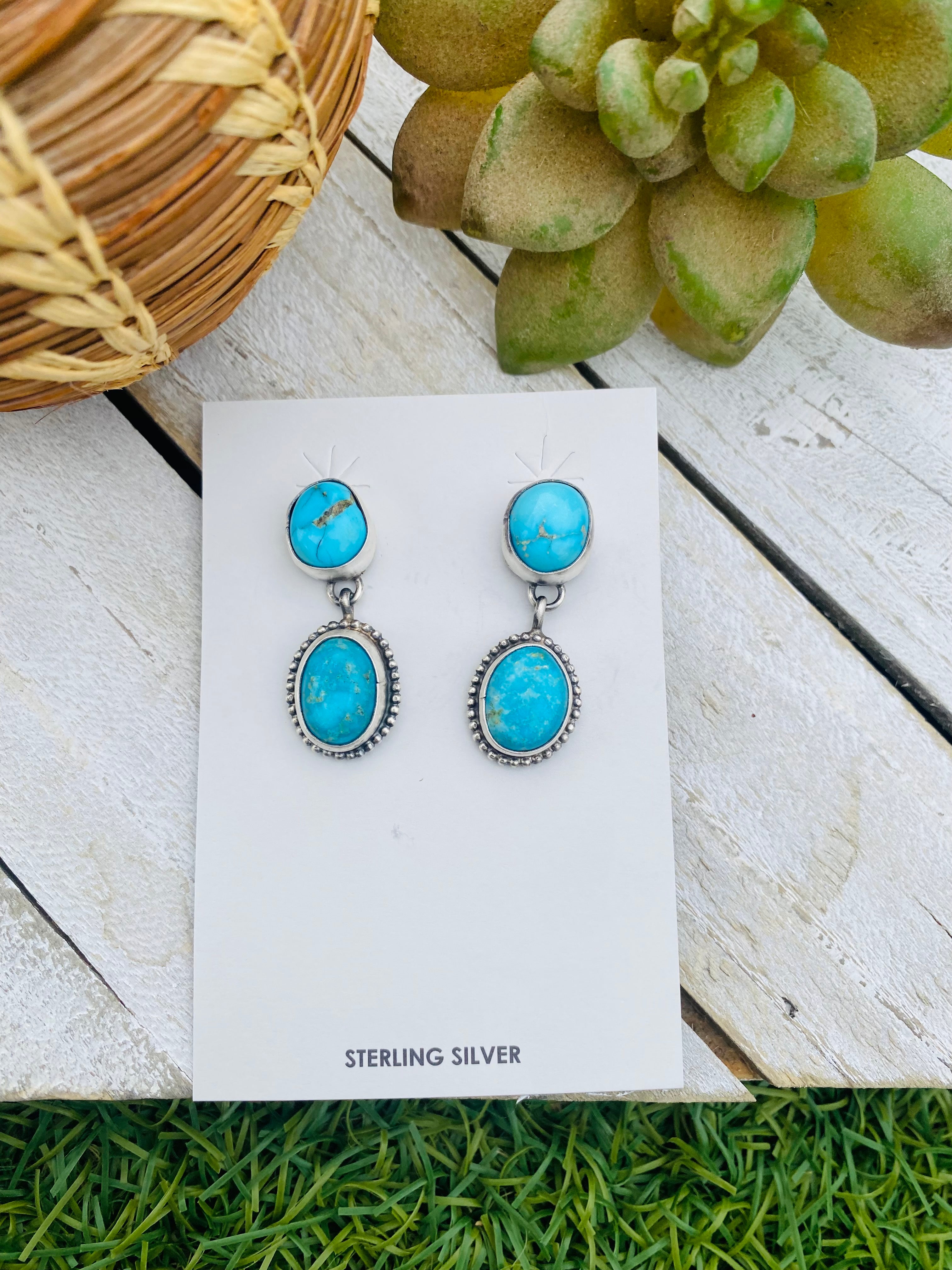 Handcrafted Sterling Silver And Turquoise Dangle Earrings Signed