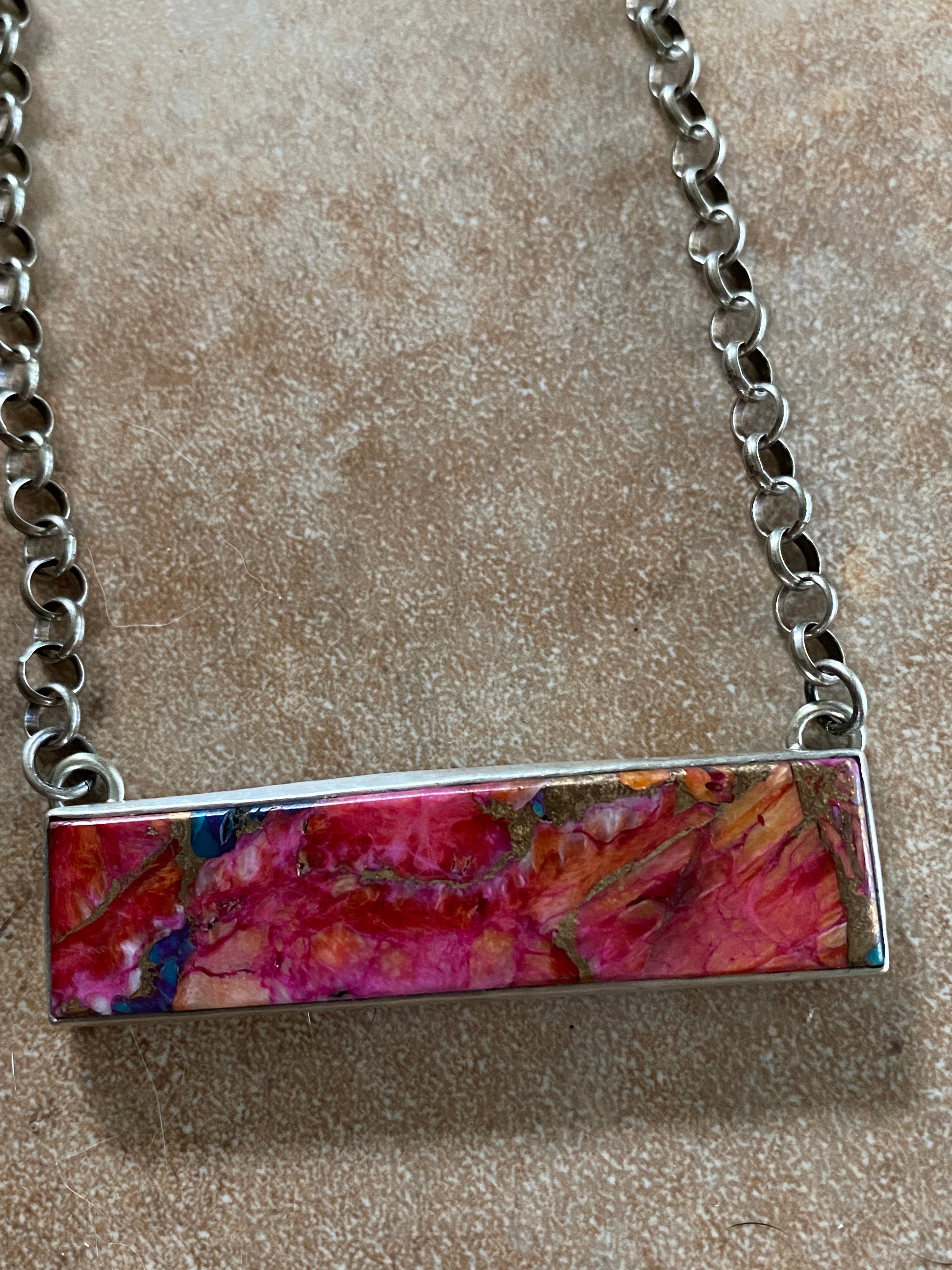 Handcrafted Sterling Silver & Pink Dream Mohave Bar Necklace Signed