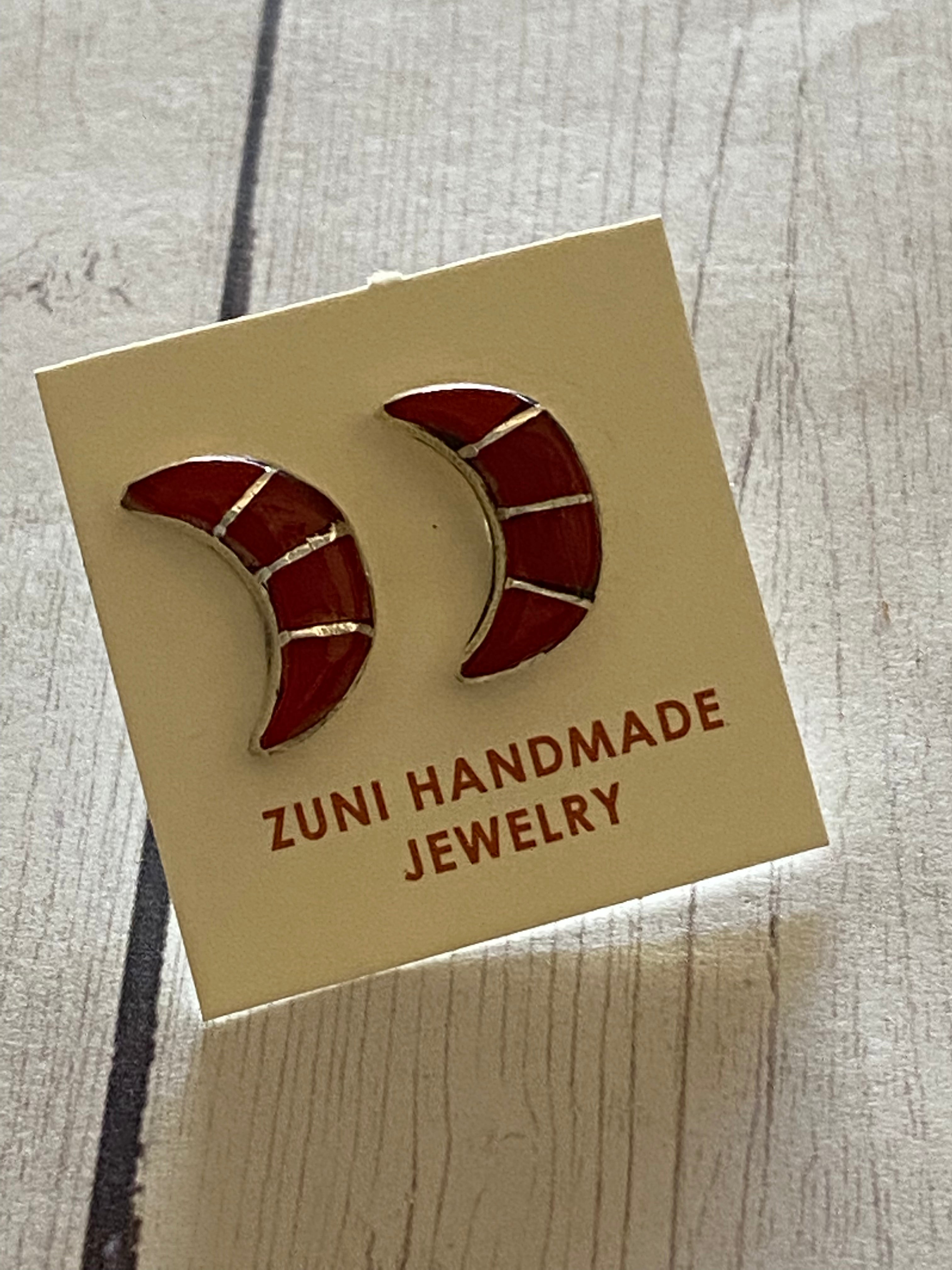 Handcrafted Sterling Silver & Coral Inlay Moon Stud Earrings