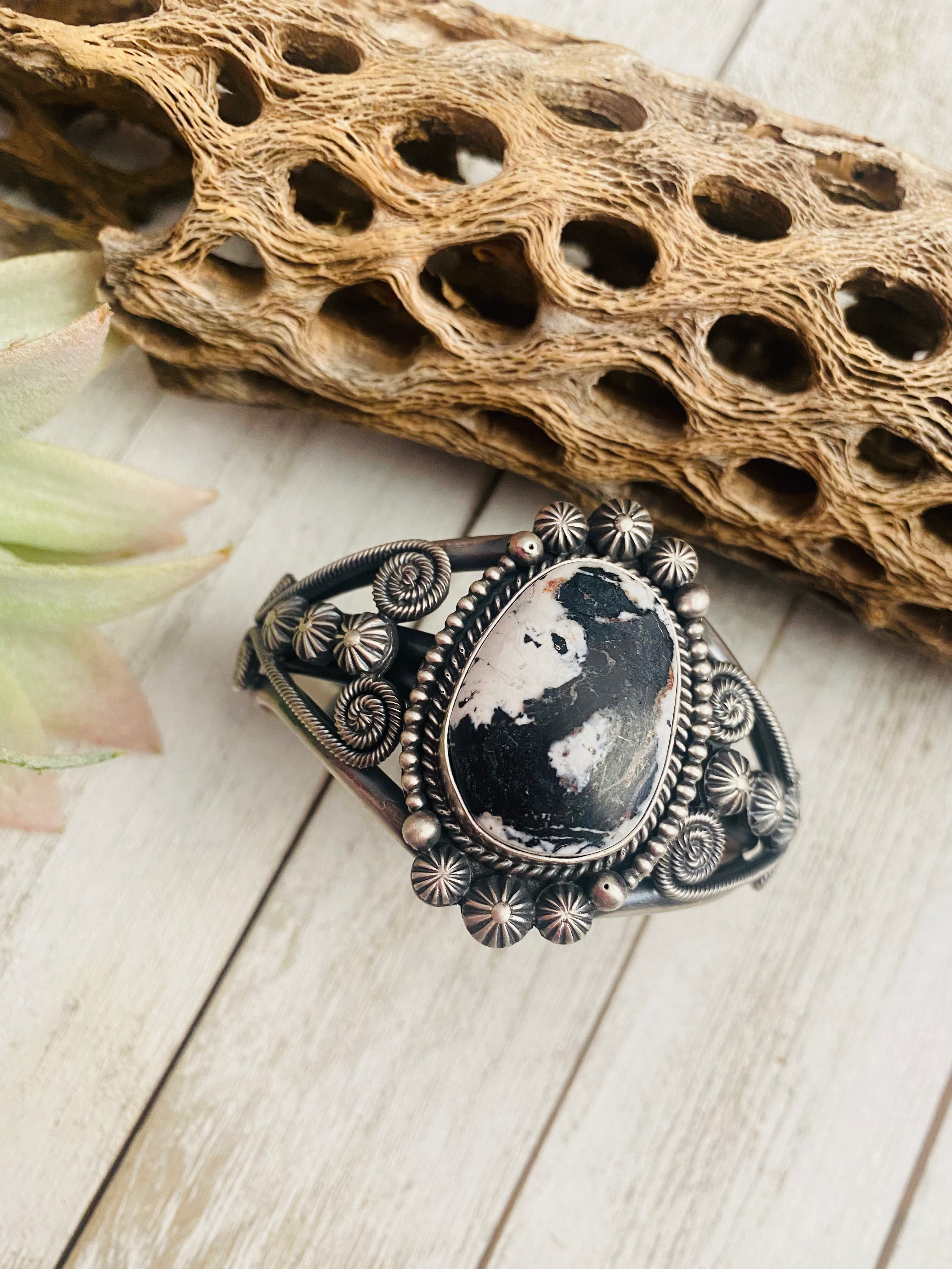 White Buffalo & Sterling Silver Cuff Bracelet Signed /