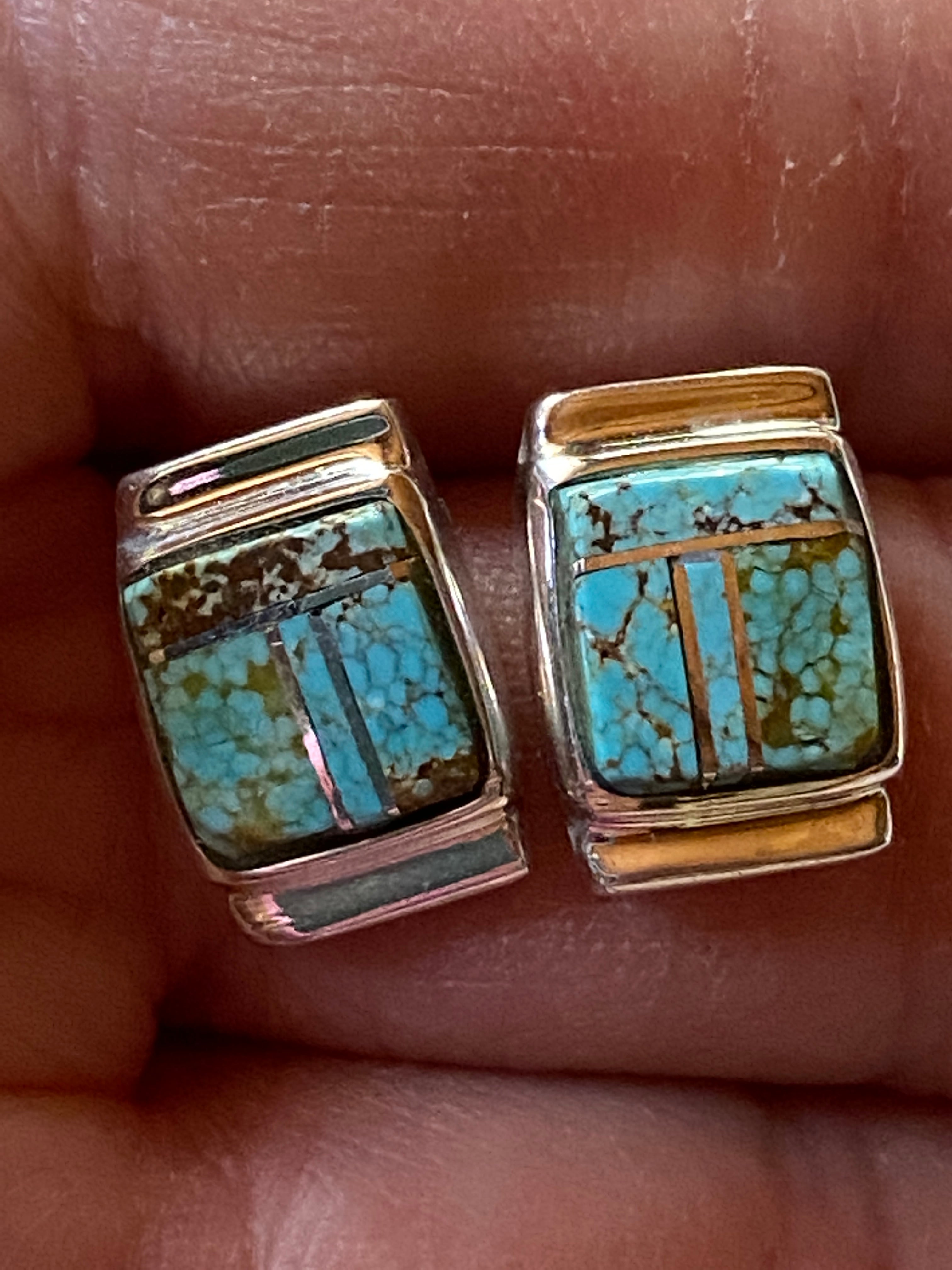 Handcrafted Turquoise 8 more matrix & Sterling Silver Rectangle Inlay Stud Earrings