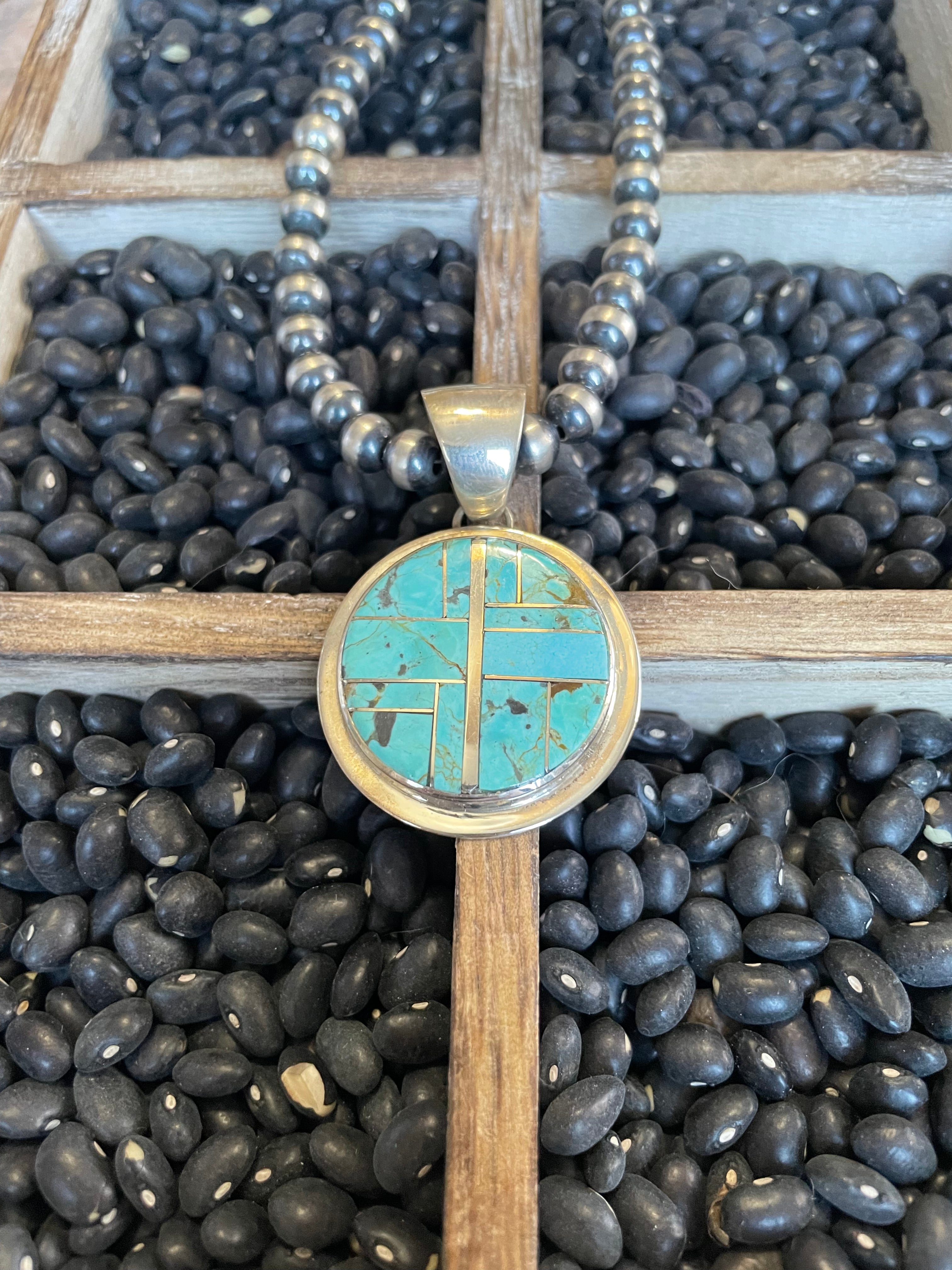 Handcrafted Number 8 Turquoise Inlay & Sterling Silver Circle Pendant