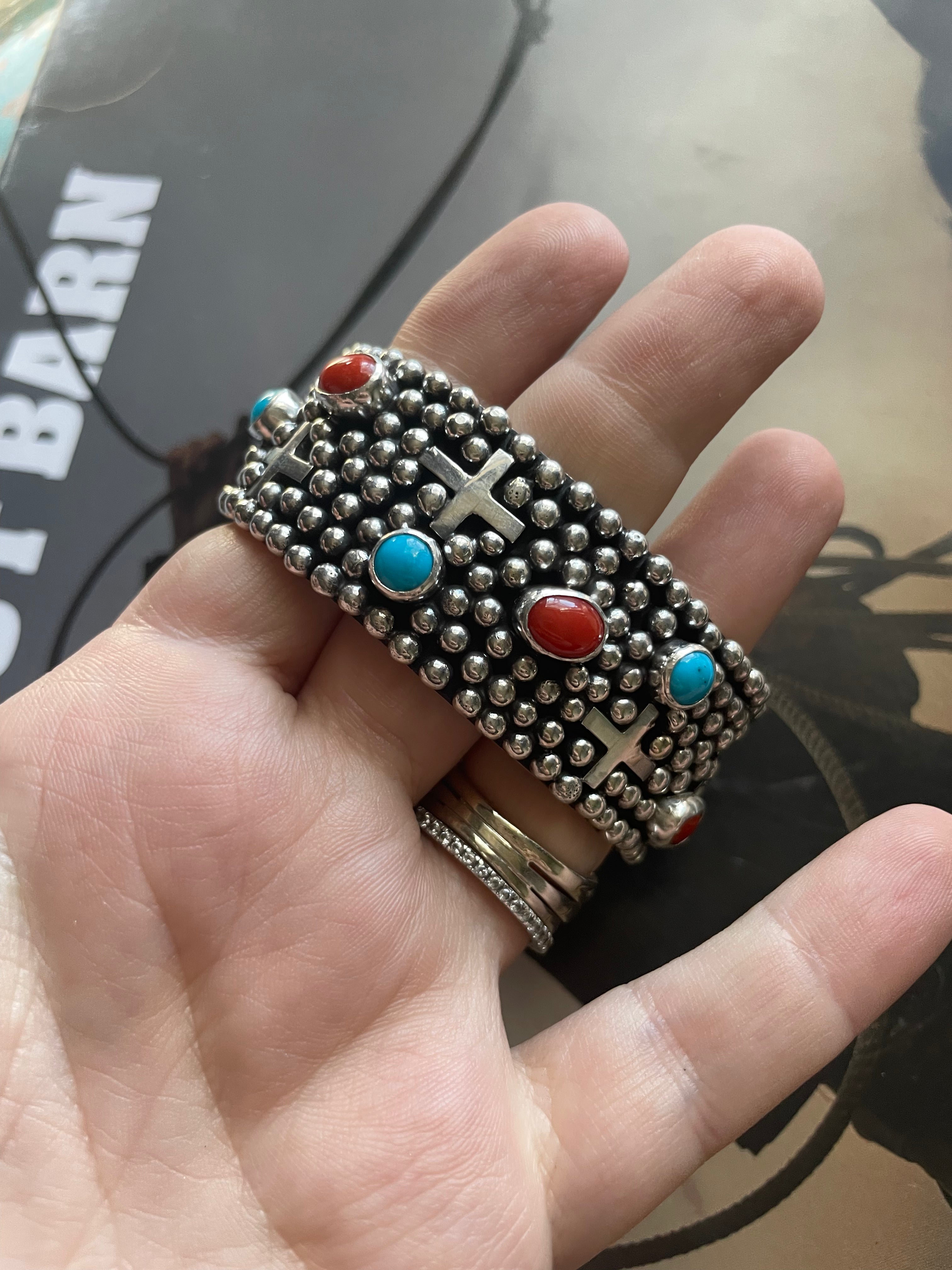 Sterling Silver, Turquoise, & Coral Cross Cuff Bracelet By Ronnie Willie /