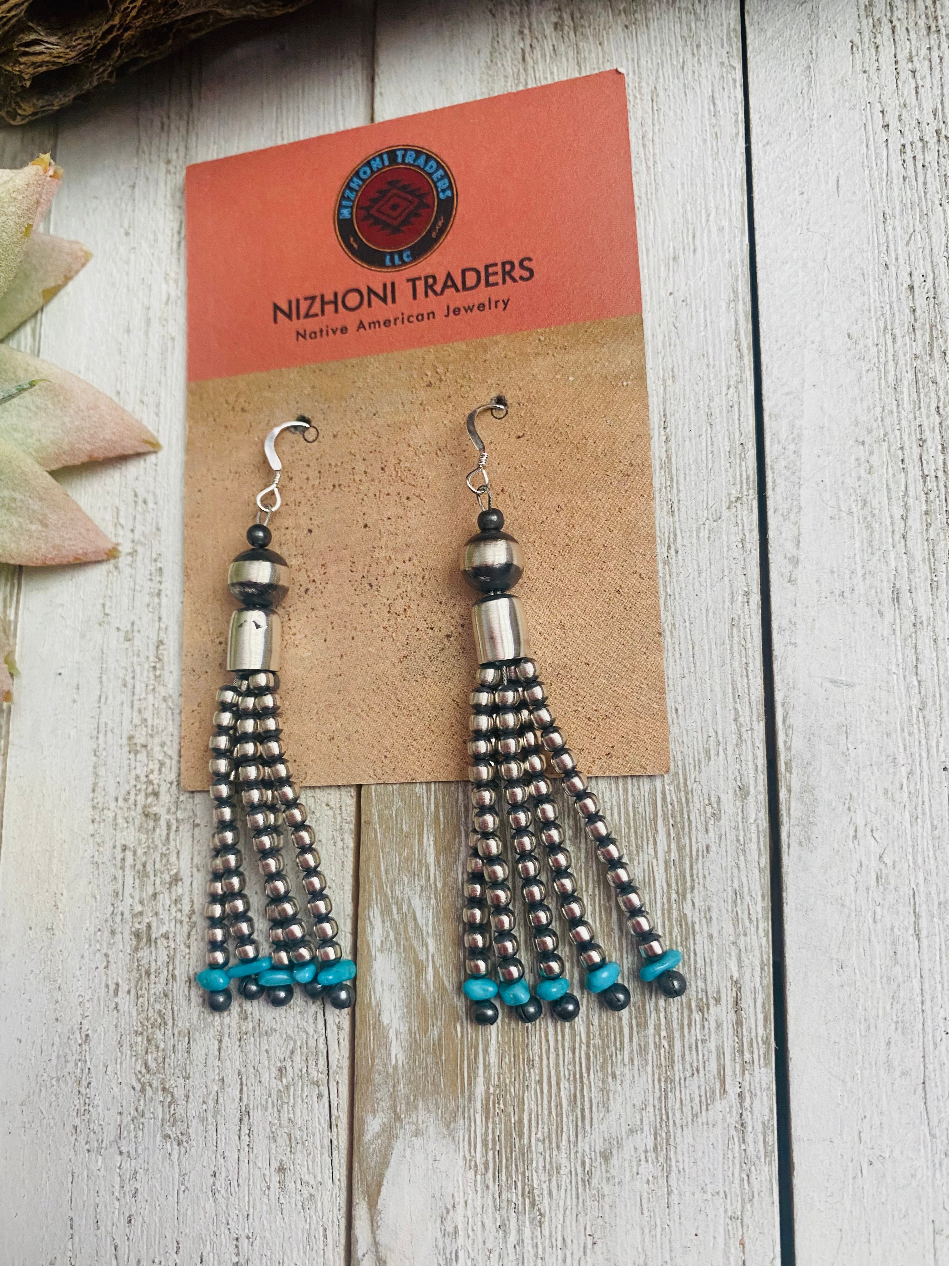 Handcrafted Turquoise & Sterling Silver Pearl Beaded Tassel Dangle Earrings