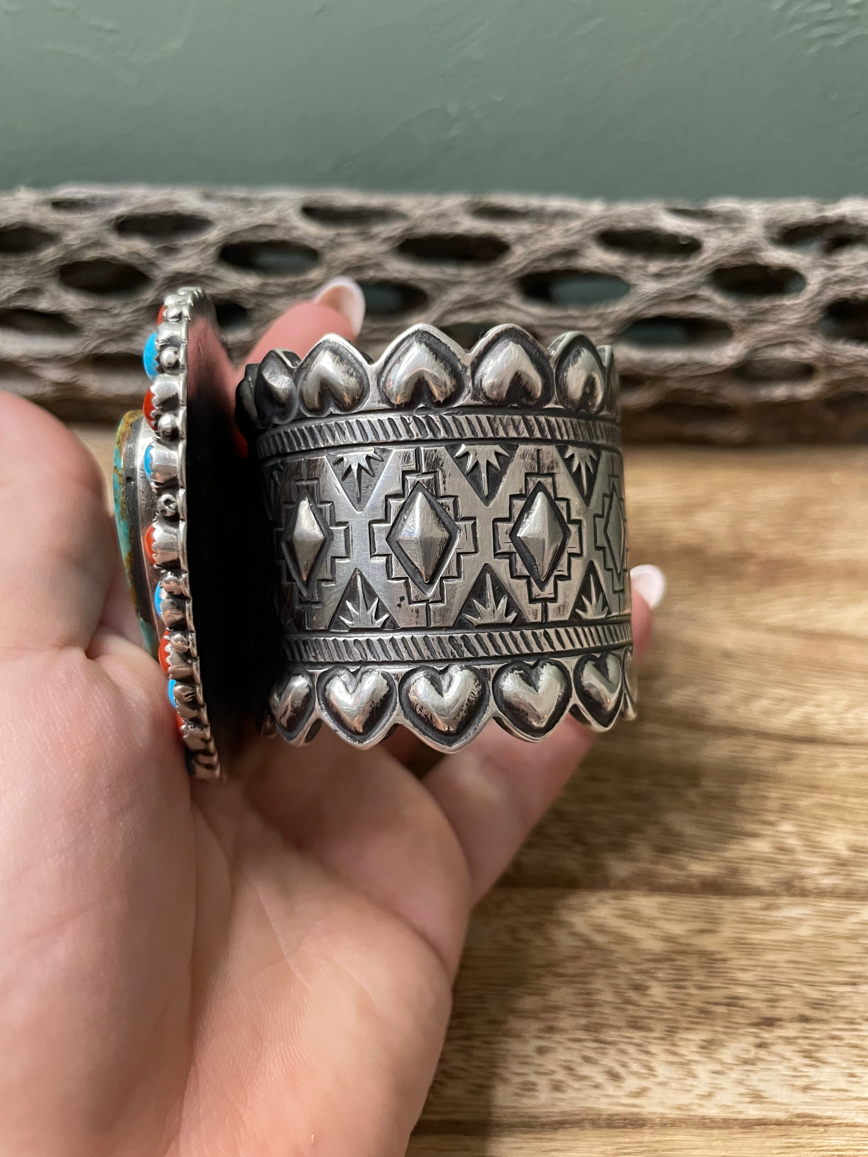 Navajo Sterling Heart Statement Turquoise And Natural Red Coral Bracelet Cuff Signed /