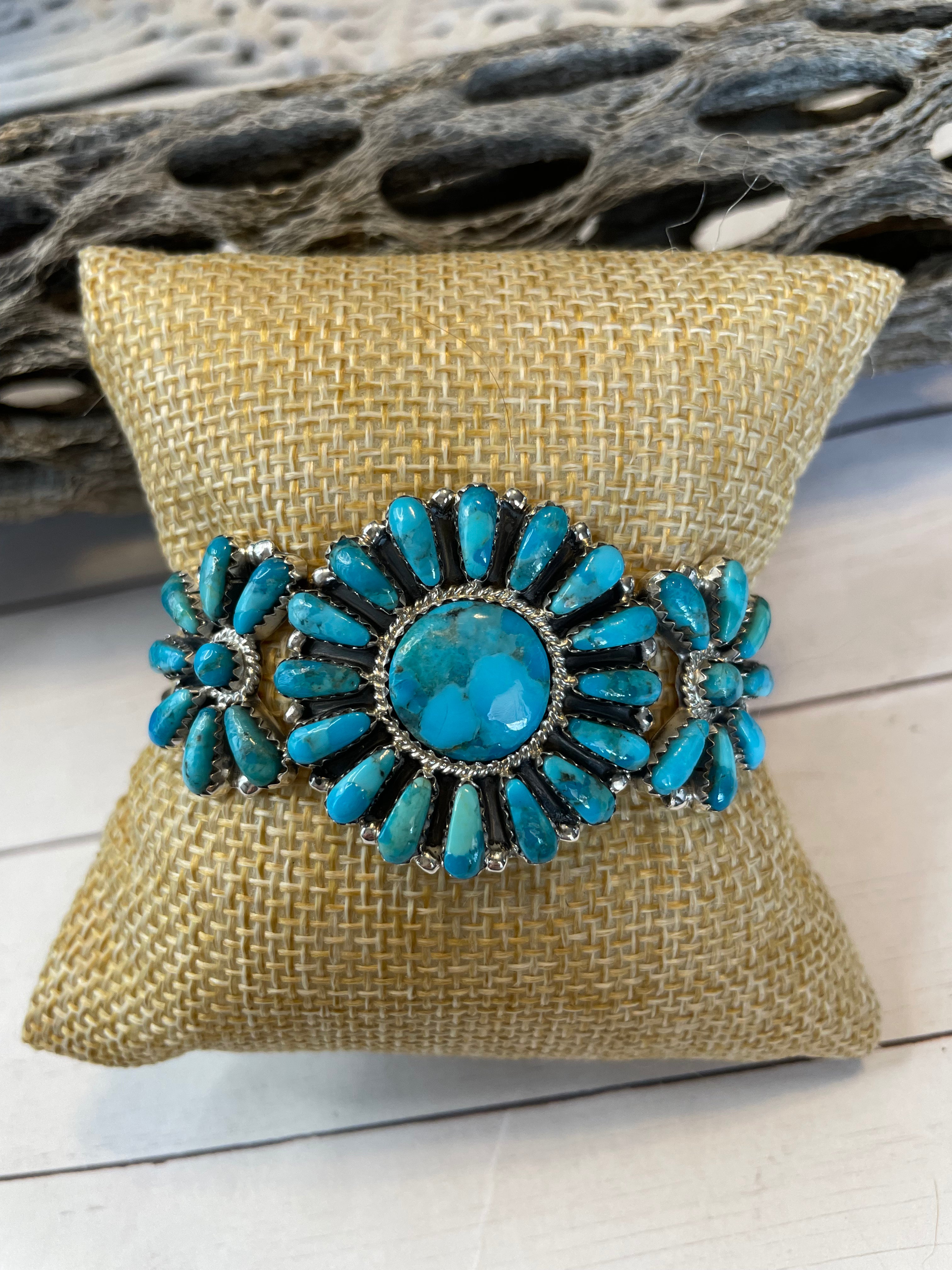 Handcrafted Sterling Silver And Kingman Turquoise Adjustable Cuff Bracelet Signed NF