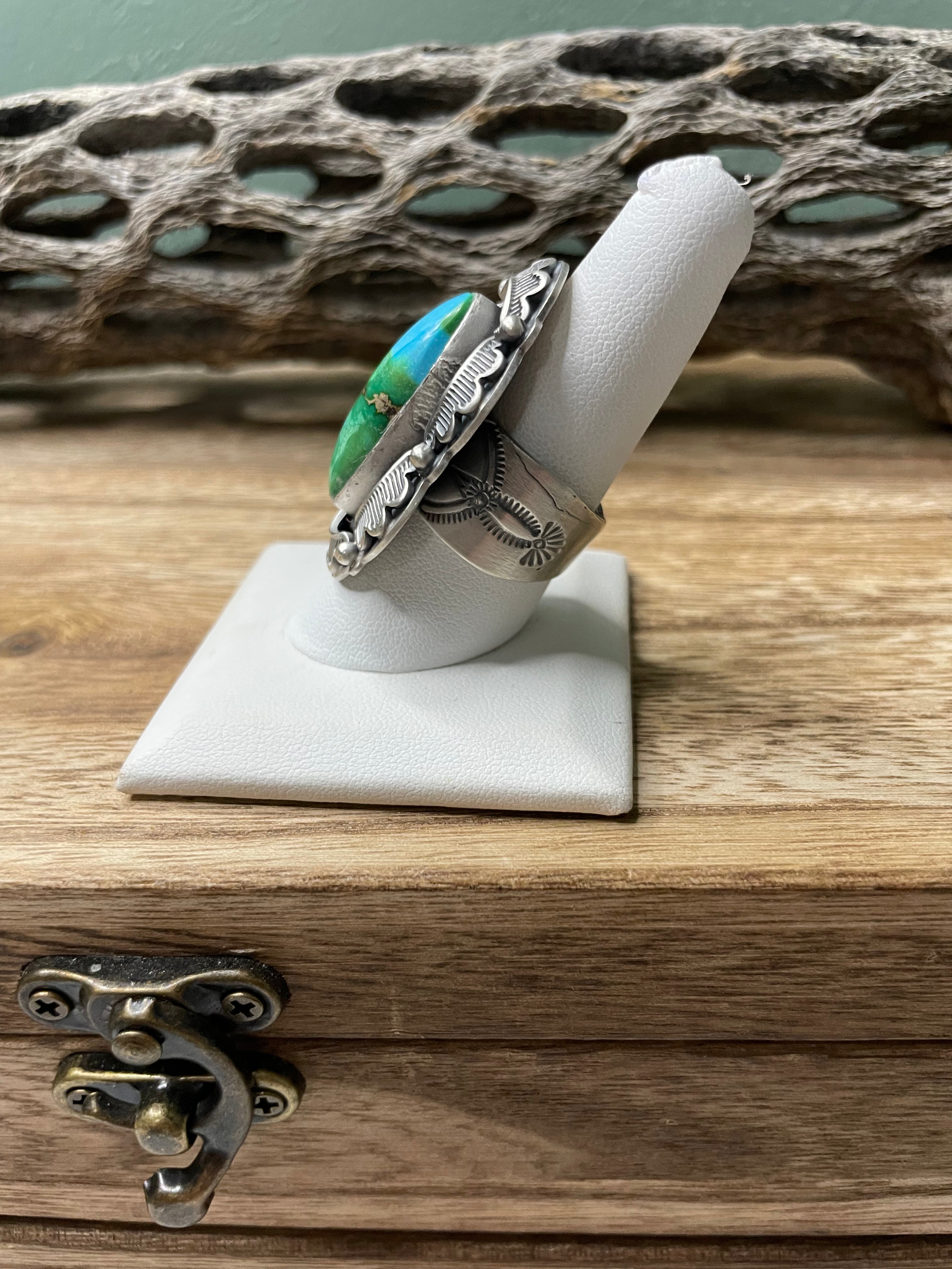 Navajo Sonoran Mountain Turquoise And Sterling Silver Statement Ring Size 8