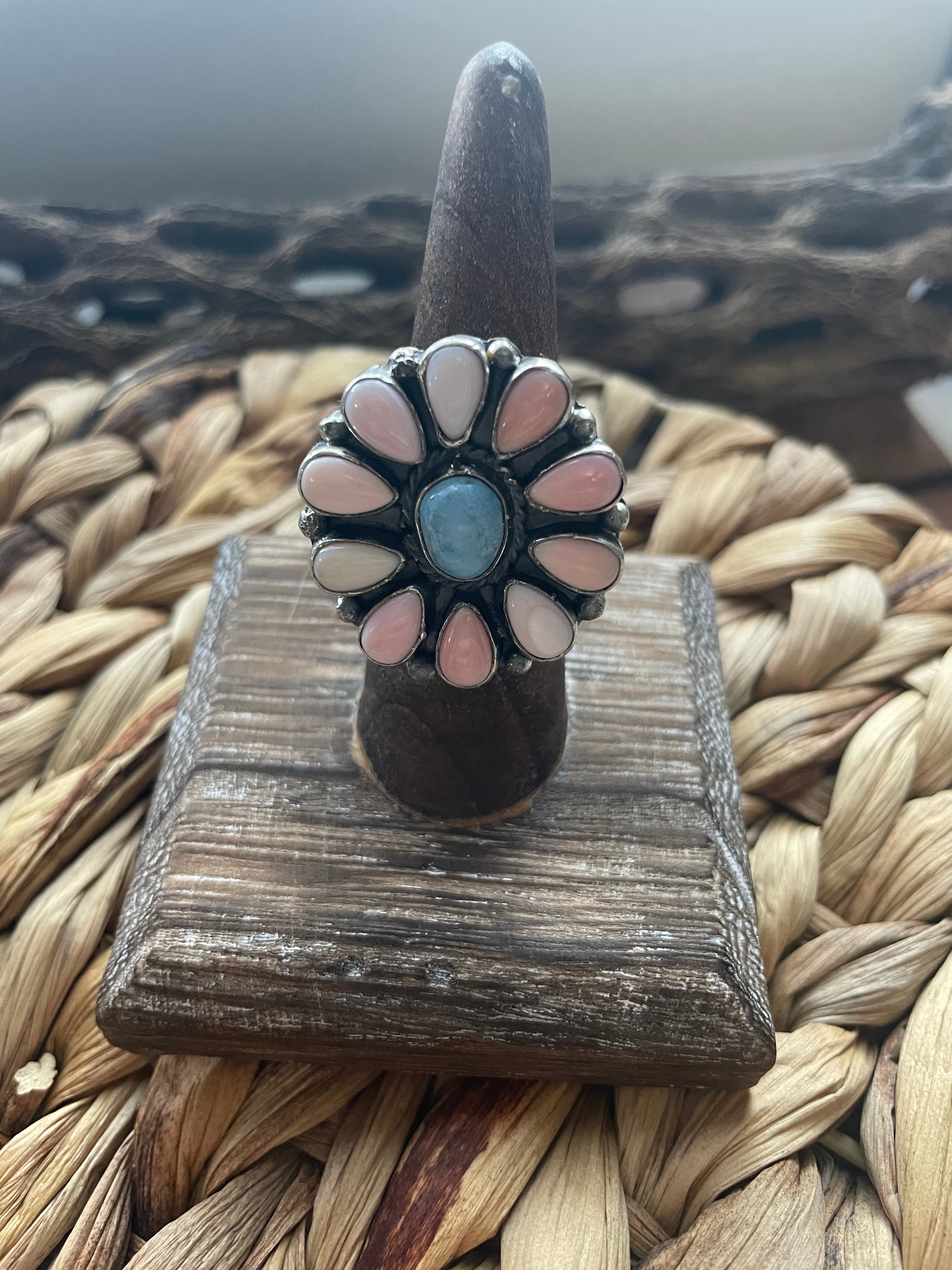 Handcrafted Golden Hills Turquoise, Pink Conch, and Sterling Silver Adjustable Ring Signed C. Yazzie