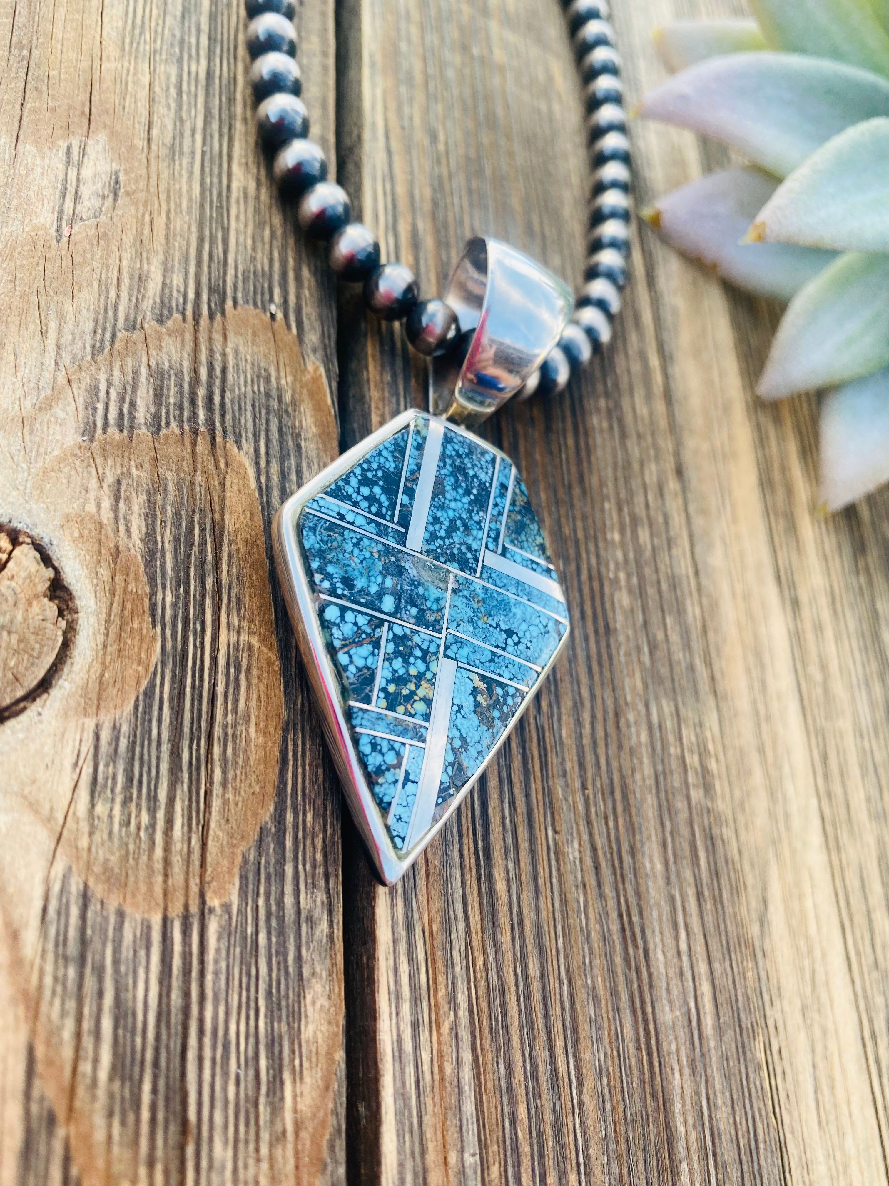 Handcrafted Blue Moon Turquoise and Sterling Silver Inlay Pendant