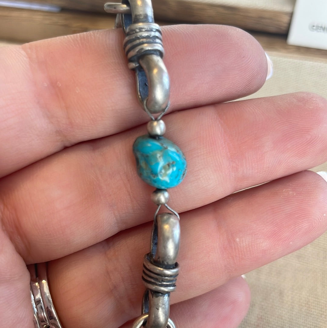 Handcrafted Natural Kingman Turquoise Sterling Beautiful Handmade 7.5 inch Chain Bracelets