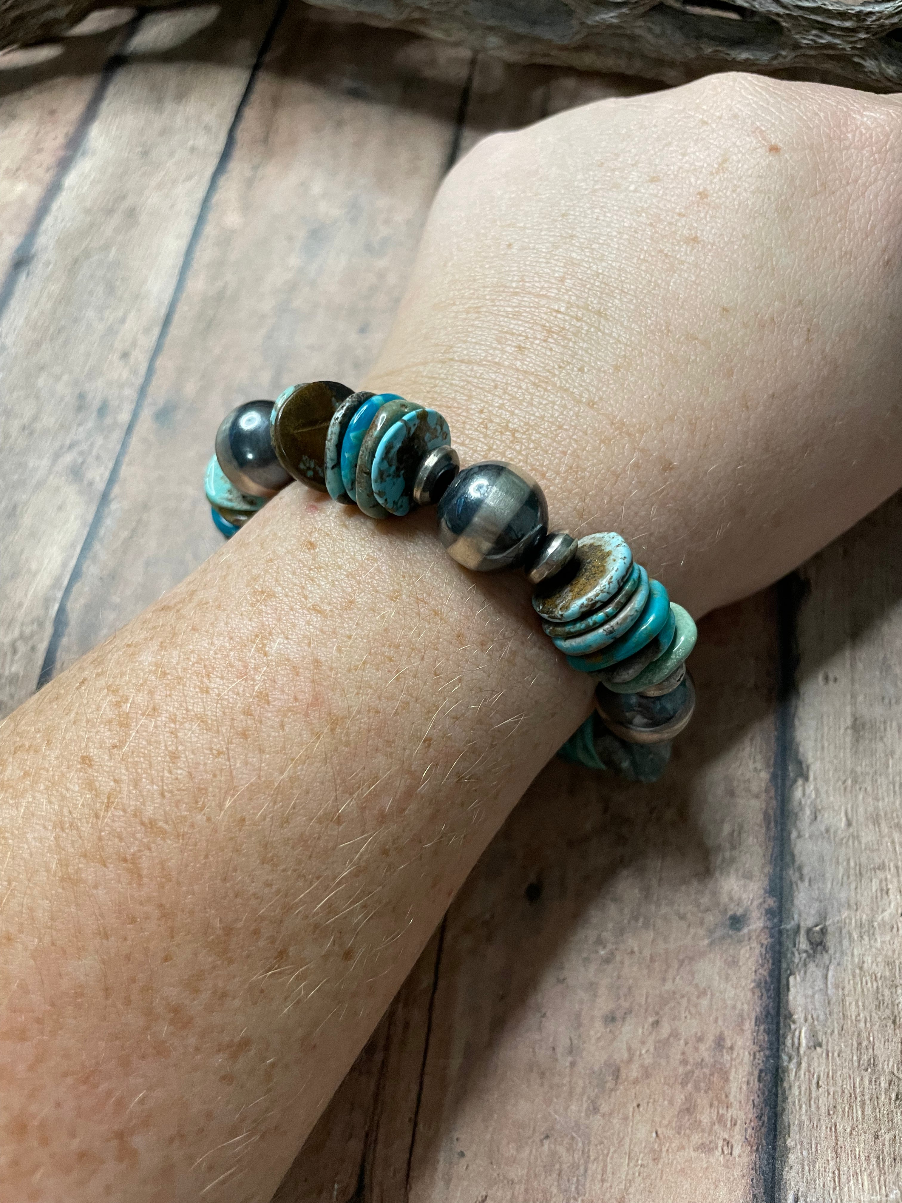 Handcrafted Sterling Silver Stretchy Natural #8 Turquoise Beaded Bracelet