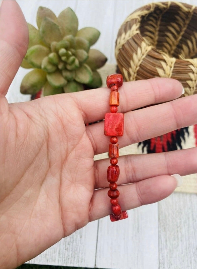 Handcrafted Apple Coral & Sterling Silver Beaded Bracelet