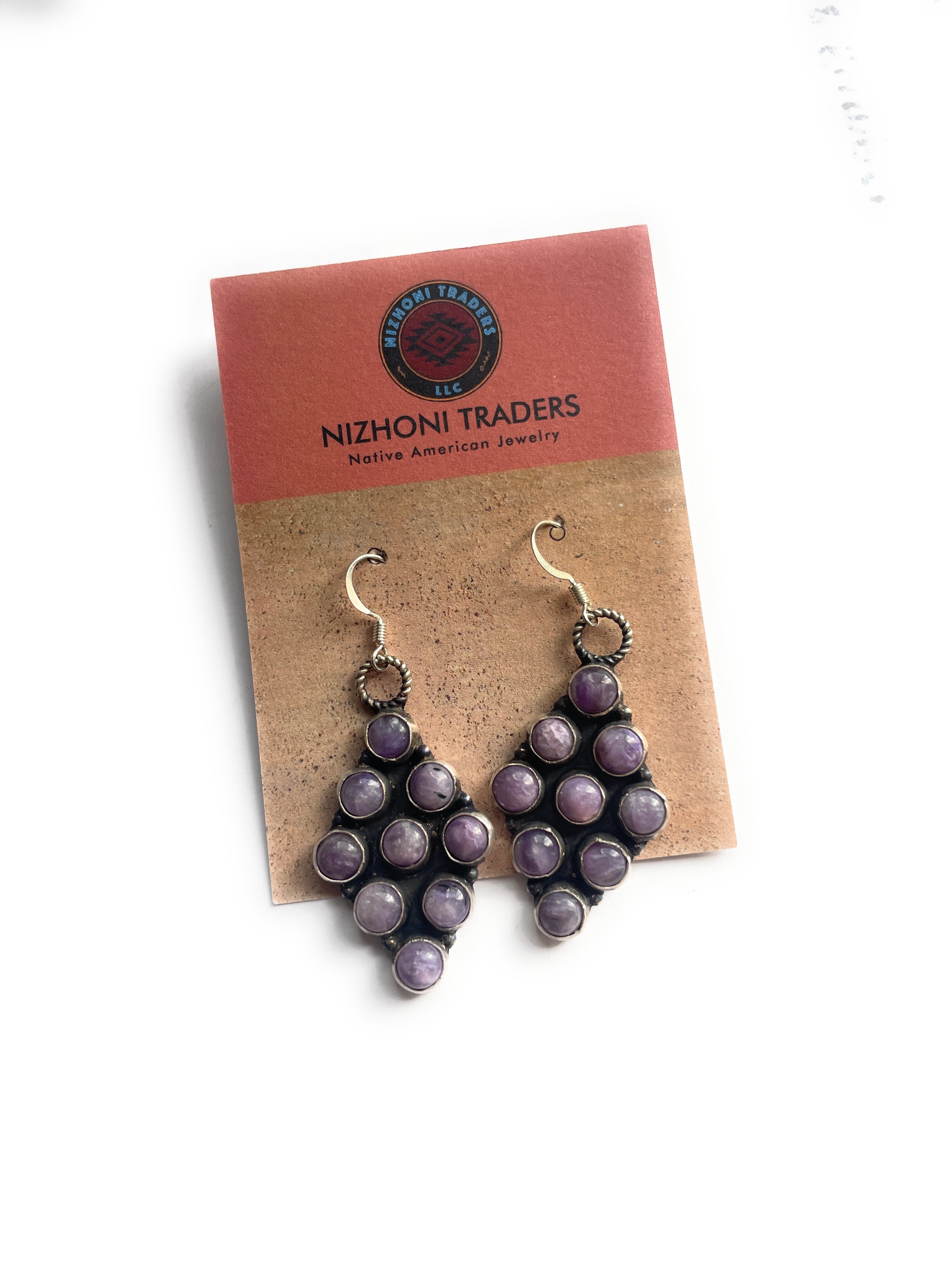 Handcrafted Charoite & Sterling Silver Dangle Earrings Signed