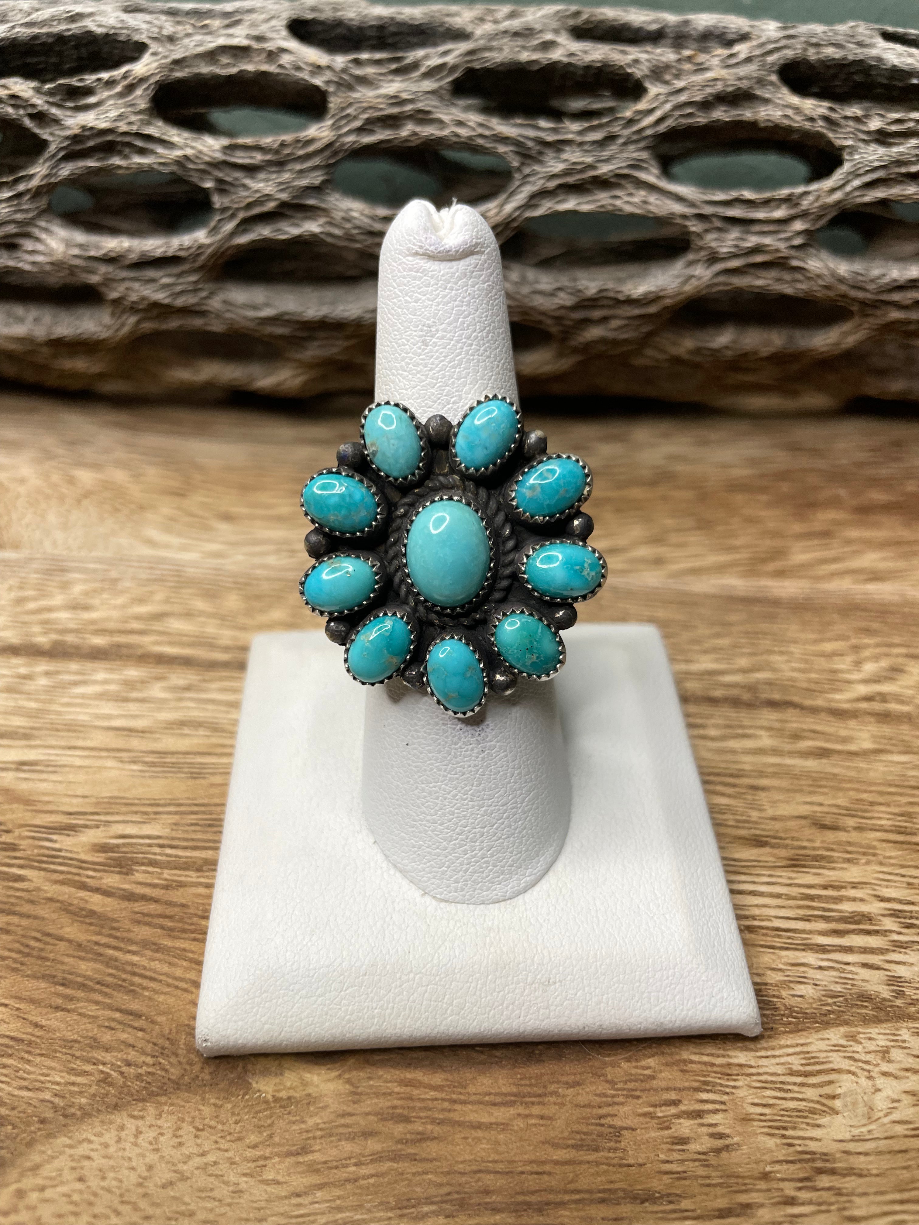 Handcrafted Turquoise And Sterling Silver Adjustable Cluster Ring