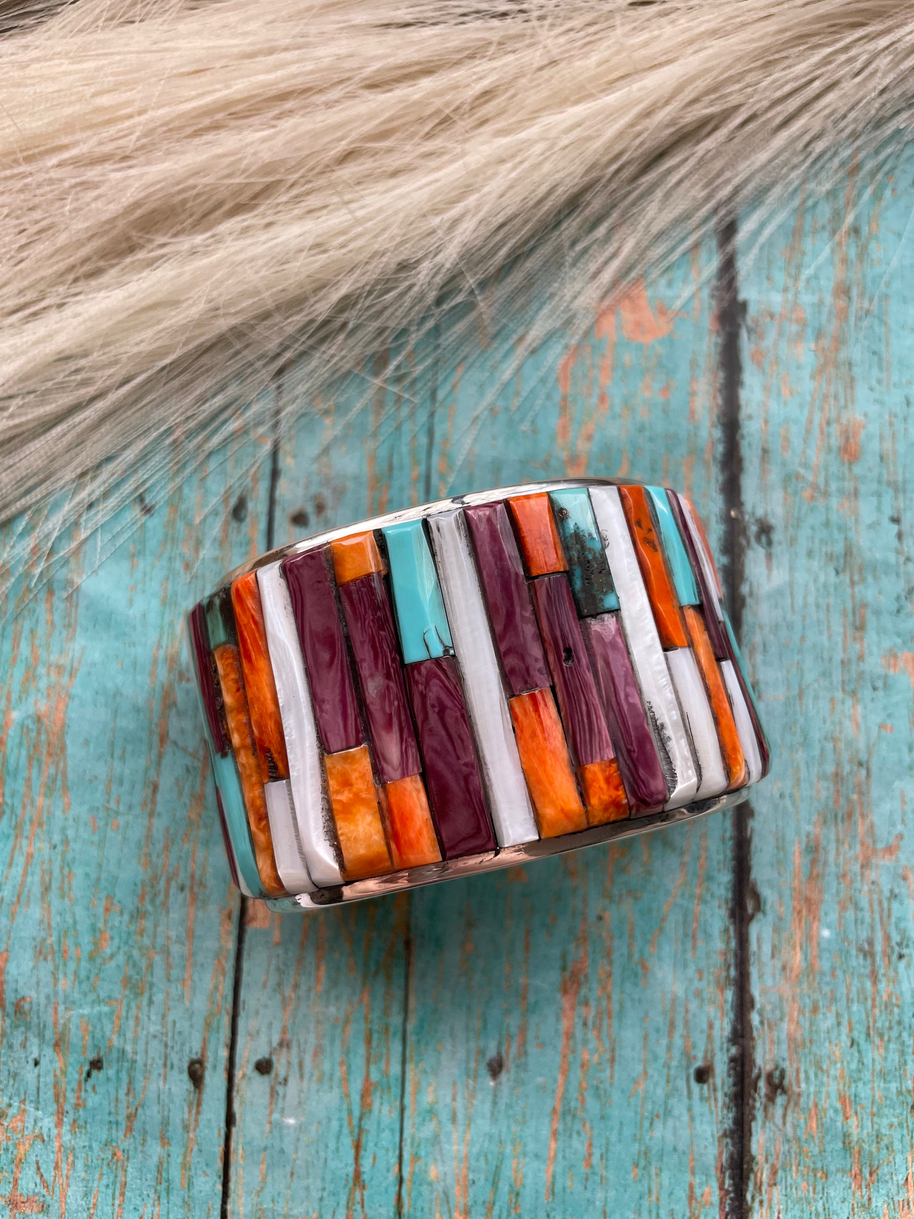 Navajo Sterling Silver & Multi Cobblestone Cuff Bracelet Signed