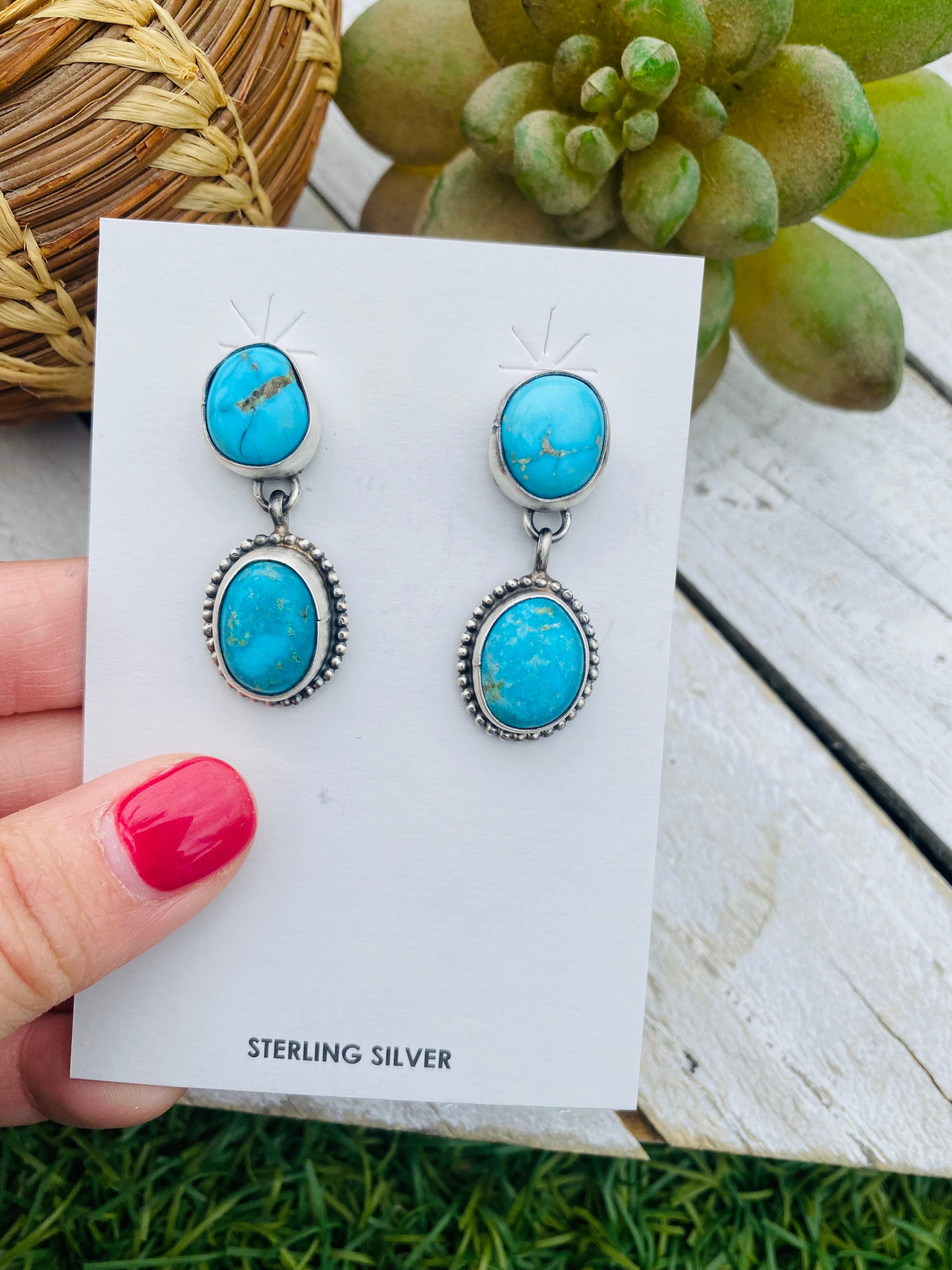 Handcrafted Sterling Silver And Turquoise Dangle Earrings Signed