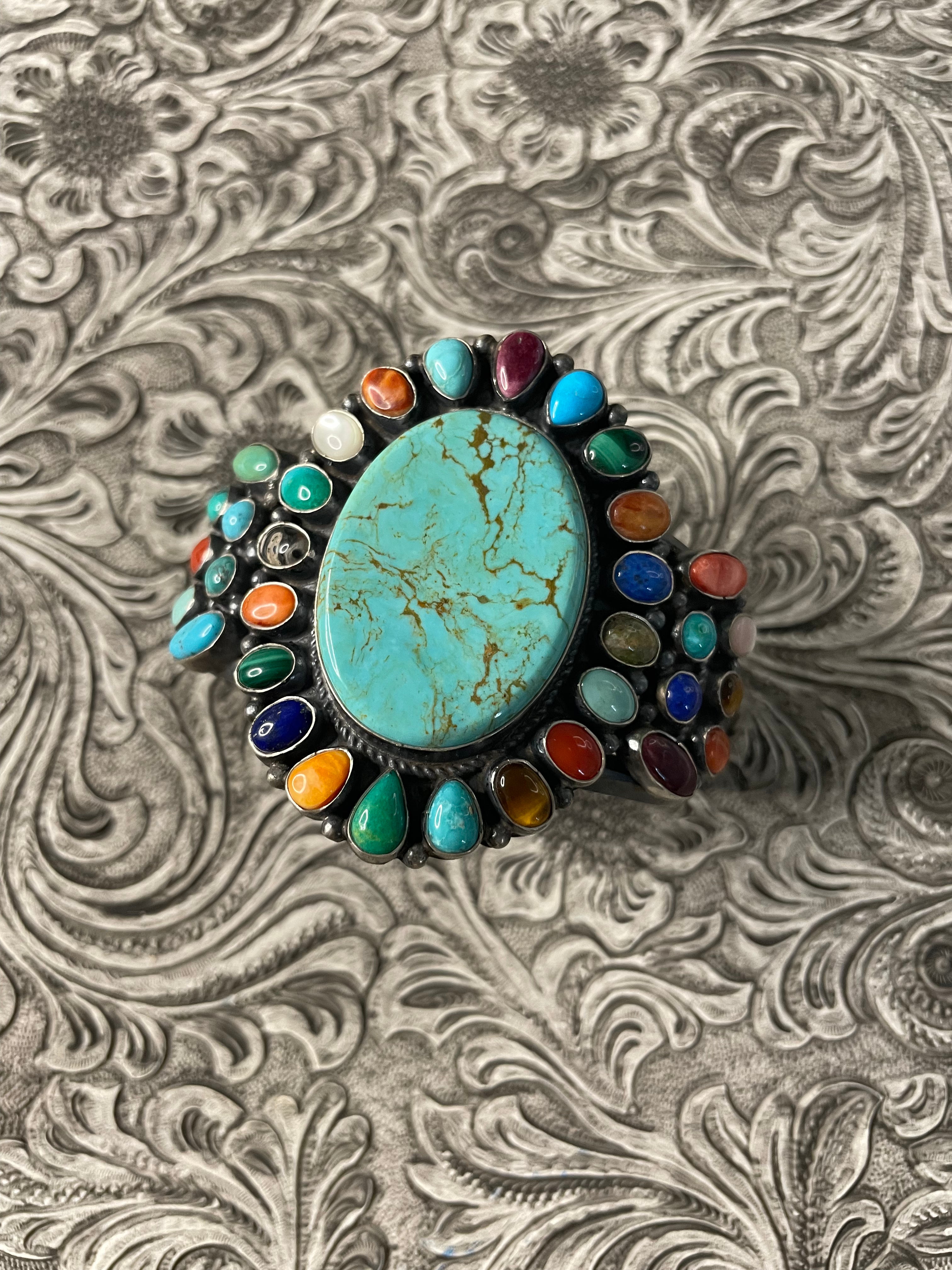 Anthony Skeets Handcrafted Multi Stone & Sterling Silver Cuff Bracelet Signed