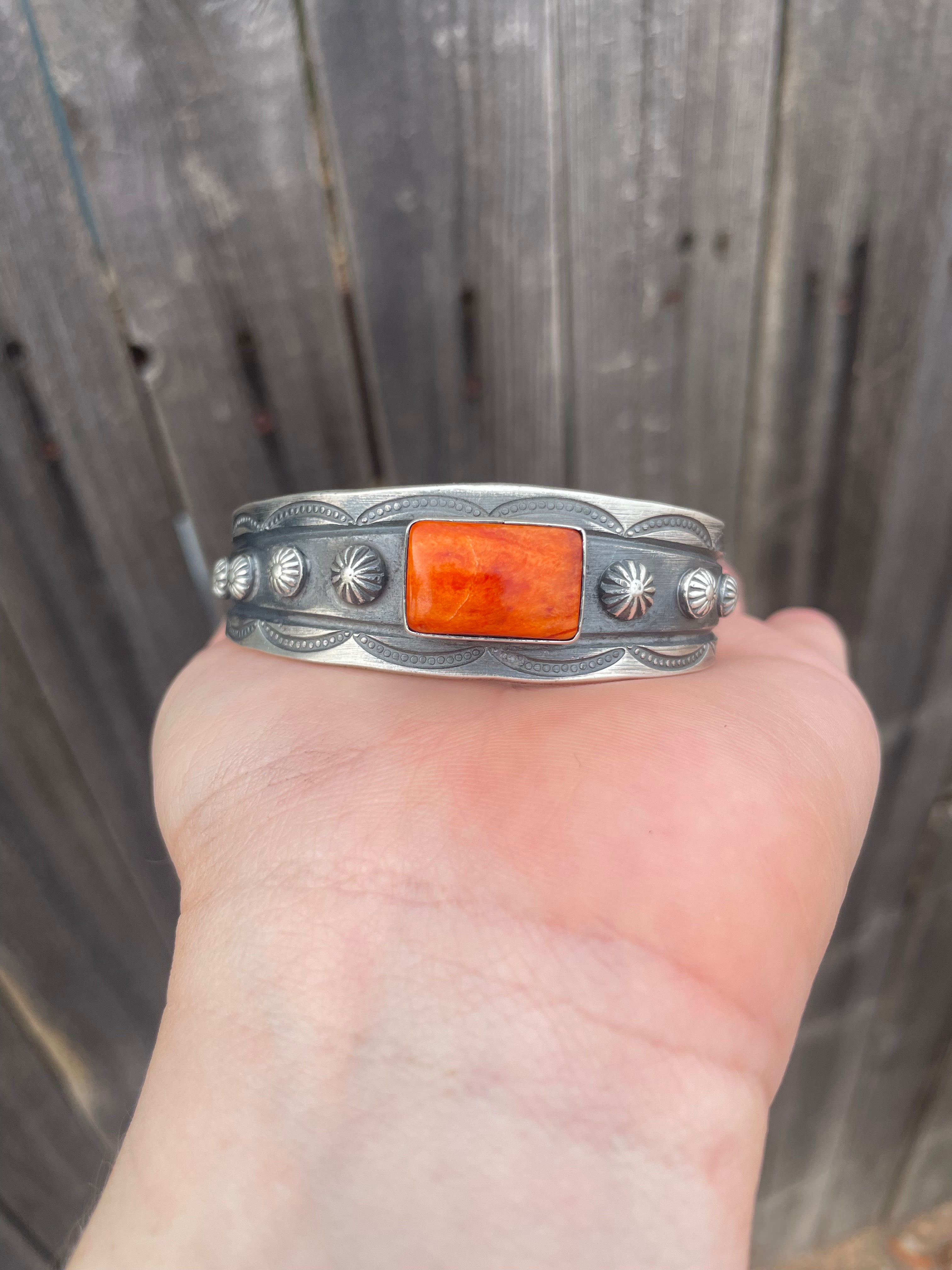 Handcrafted Sterling Silver & Orange Spiny Cuff Stamped And Signed By Chimney Butte