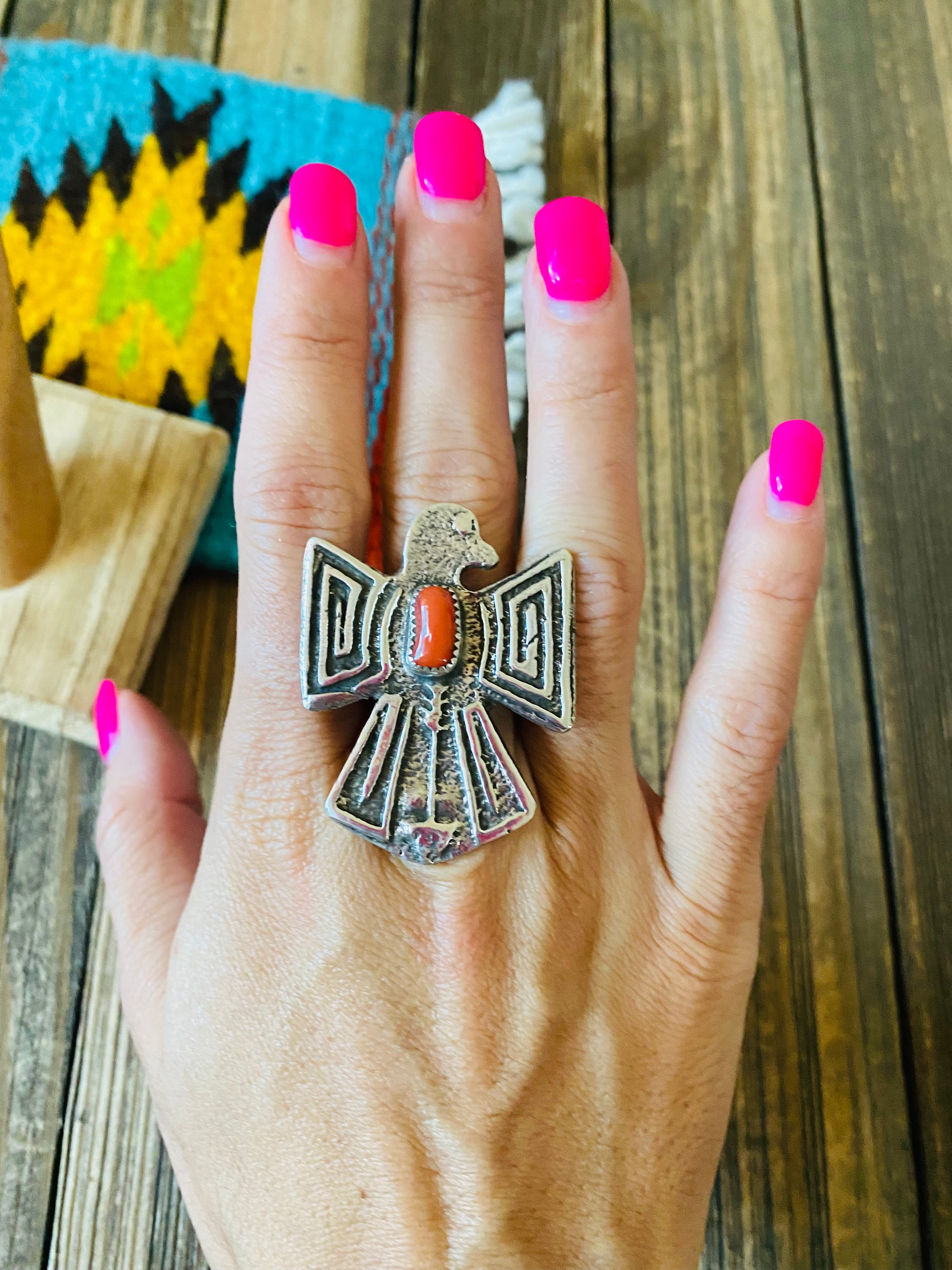 Handcrafted Sterling Silver & Coral Thunderbird Ring